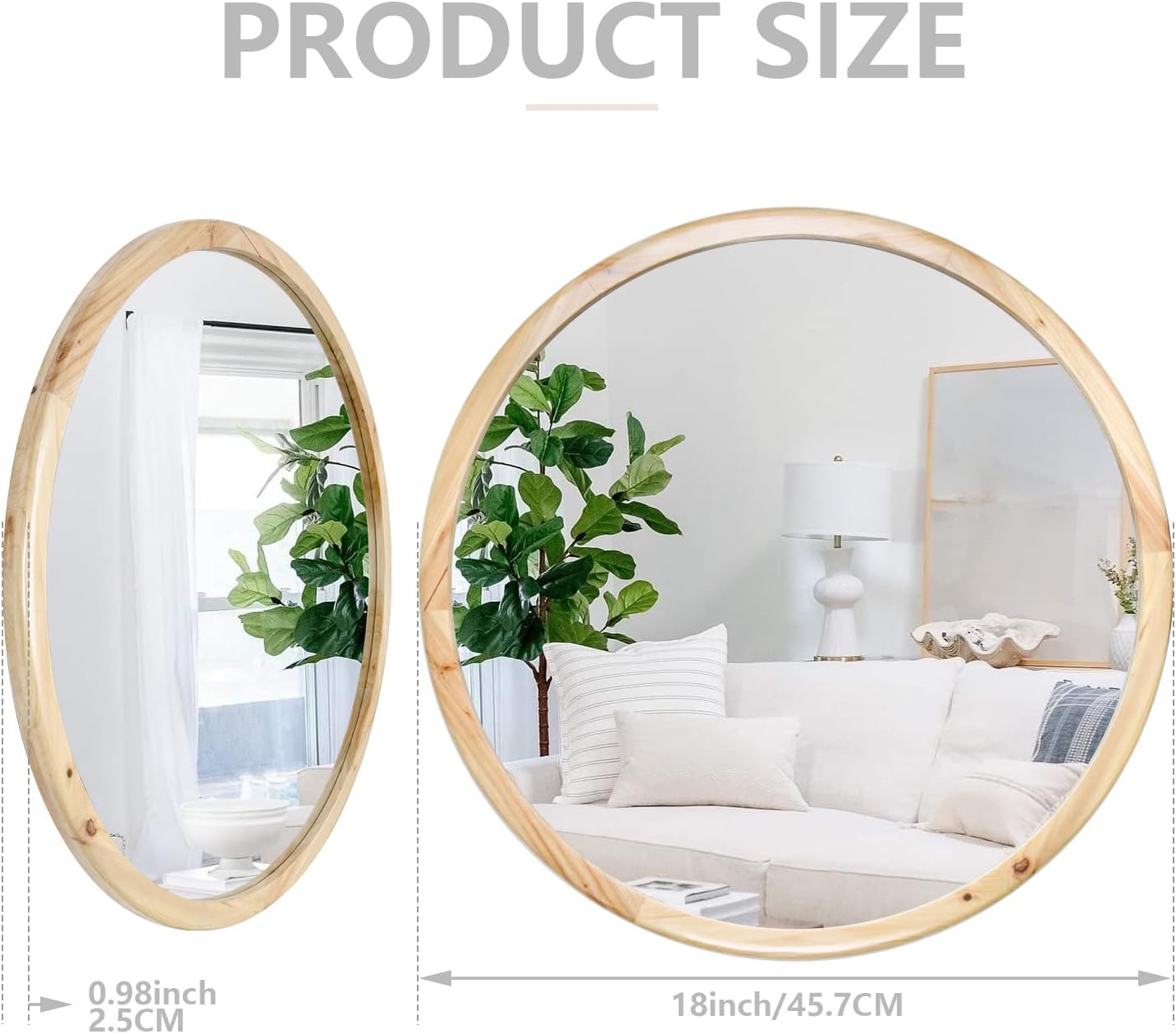 Circle Wooden Wall Mirror,18 inch Round Natural Wood Mirror Large Rustic Farmhouse Decor Mirror for The Living Room,Bathroom,Bedroom