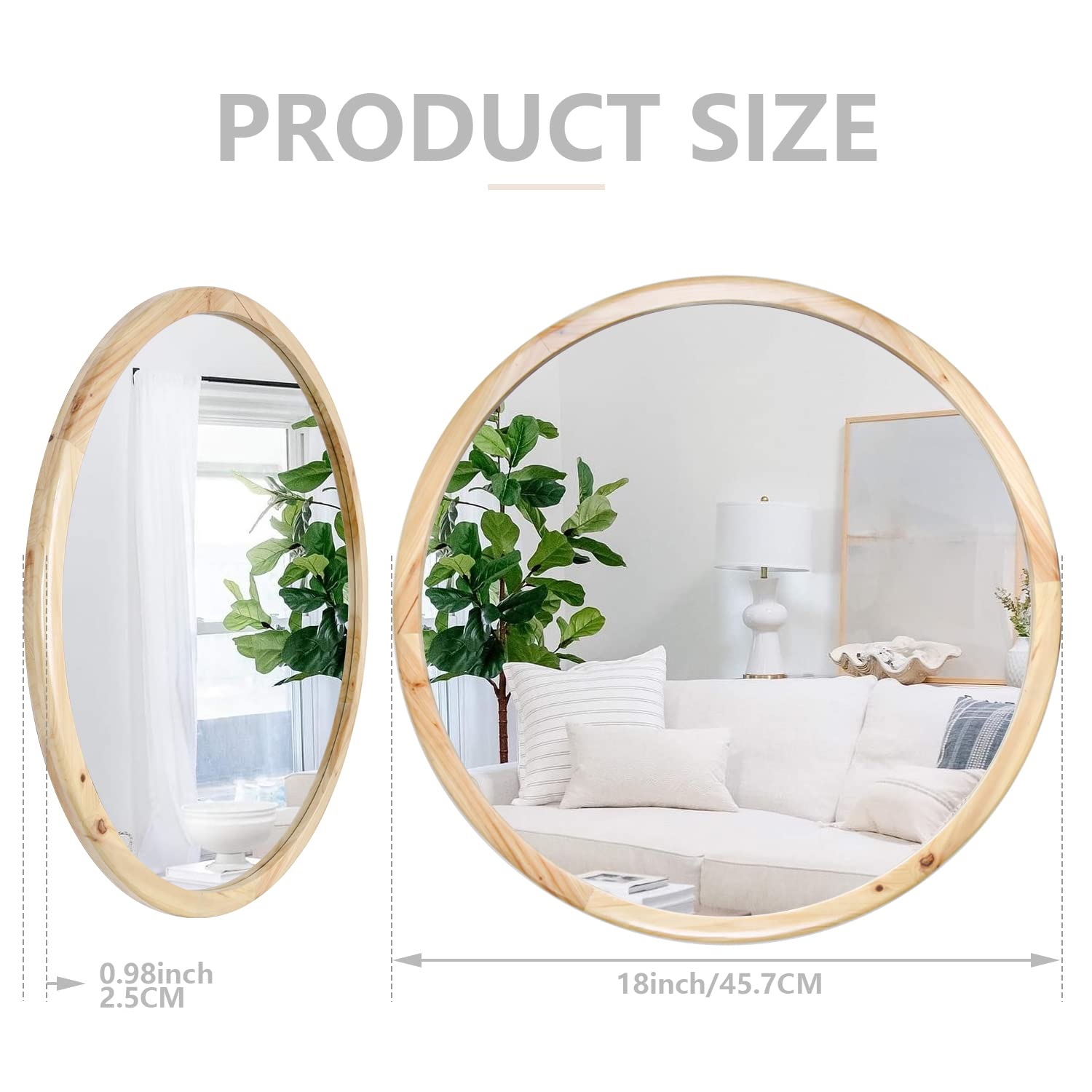 Circle Wooden Wall Mirror,18 inch Round Natural Wood Mirror Large Rustic Farmhouse Decor Mirror for The Living Room,Bathroom,Bedroom