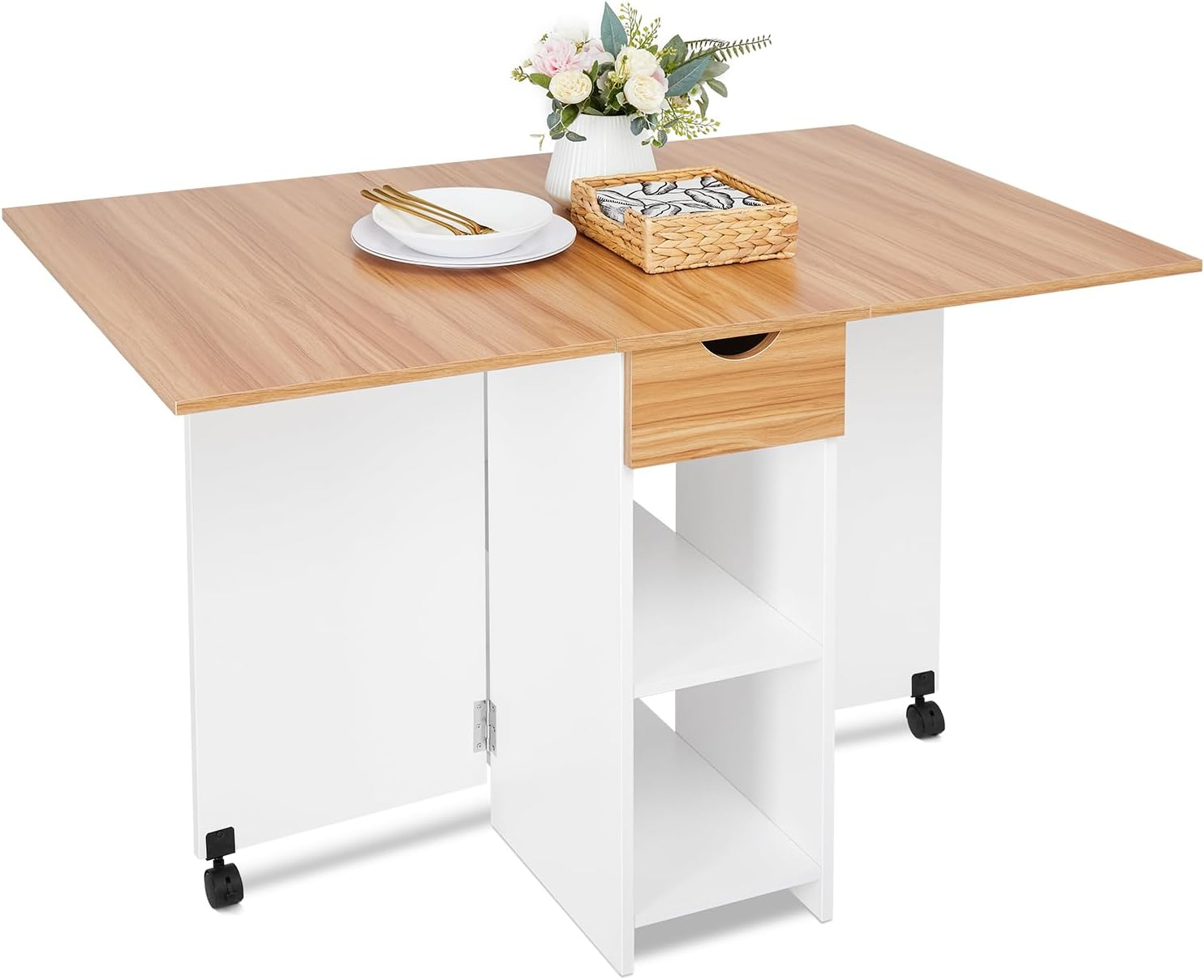 Mobile Folding Dining Table, Drop Leaf Table with 1 Drawer and 2 Open Storage Shelves for Small Space Dining Room Kitchen, White & Red Oak