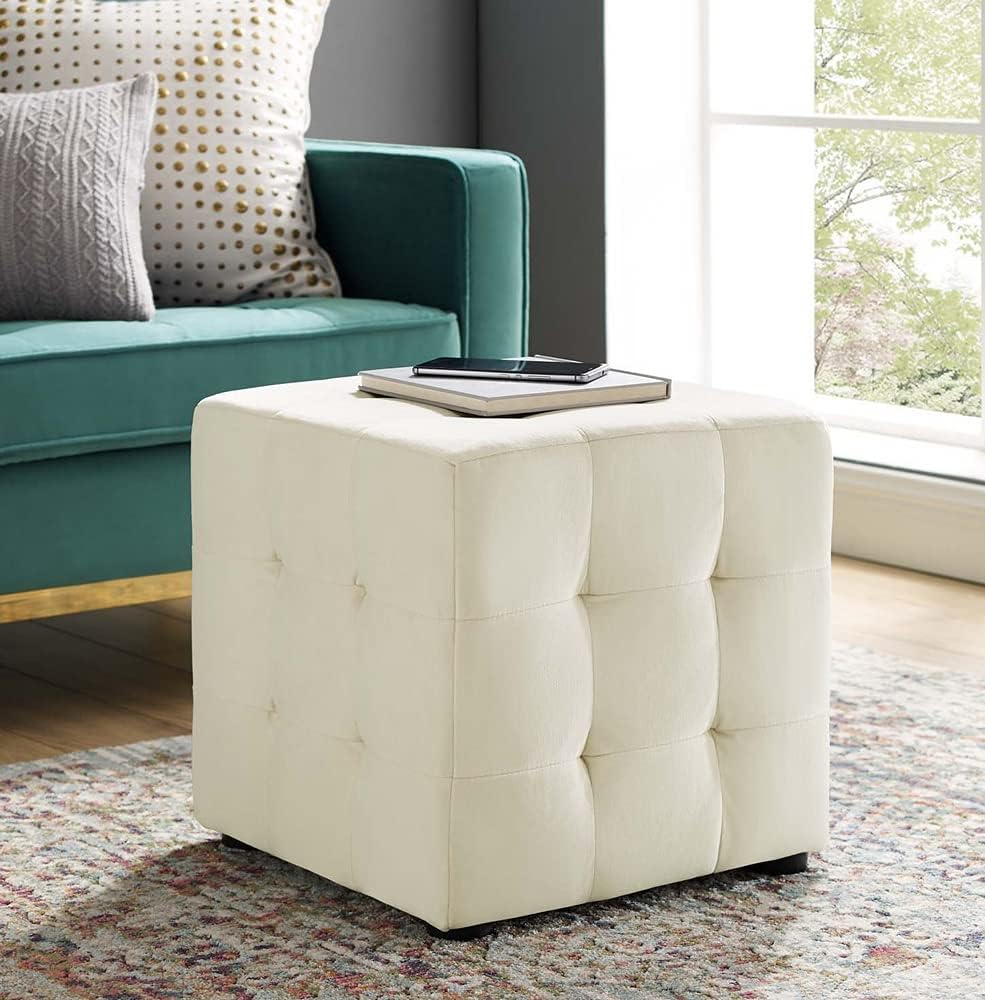 Contour Tufted Cube Performance Velvet OttomanIvory