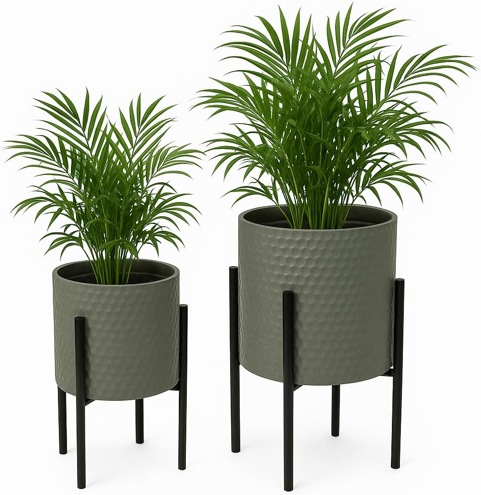 Sagebrook Home Set Of 2 Honeycomb Planter On Metal Stand, Gray/Black, Round, Iron, Contemporary, 23"H, Hexagon