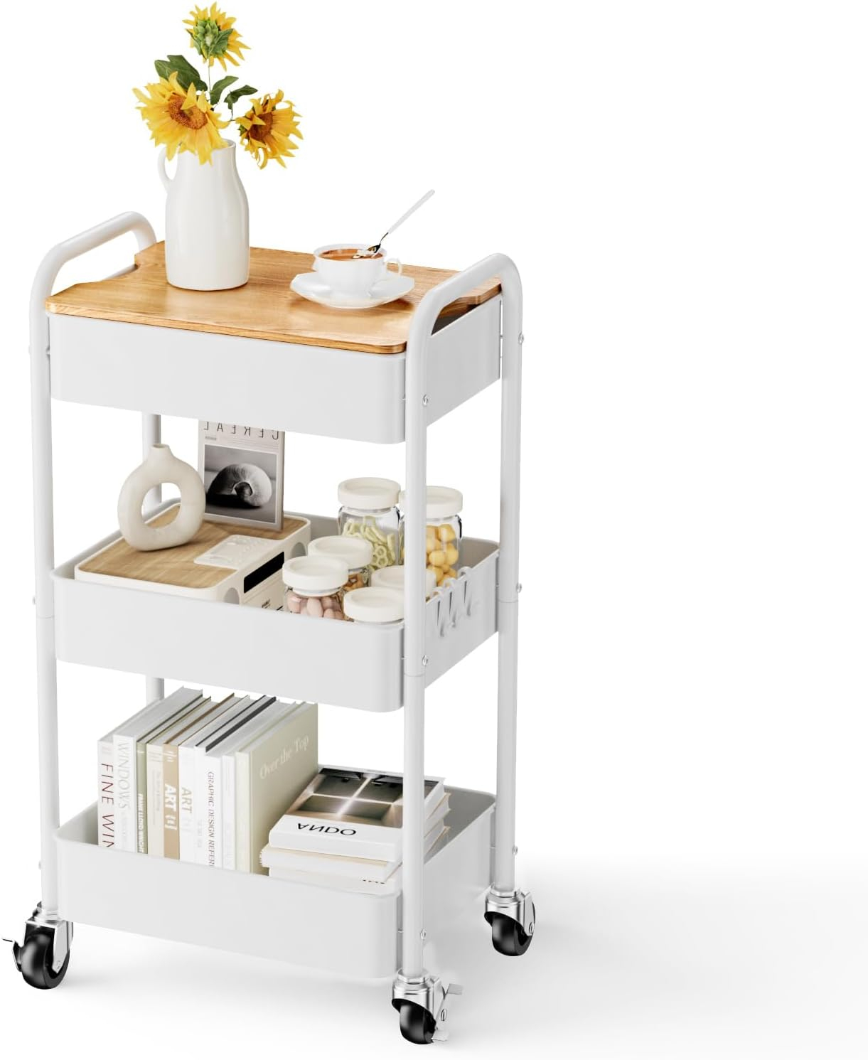 LEHOM 3 Tier Rolling Utility Cart, Metal Trolley Cart with Wheels, Hooks, Easy Assembly Organizer Storage Cart for Bathroom, Kitchen, Office, Bedroom(White)