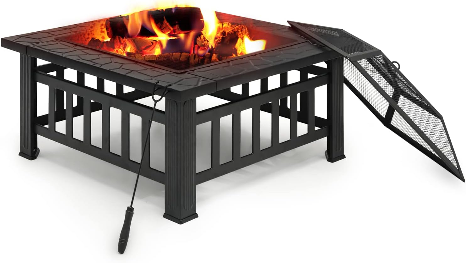 MoNiBloom 32" Fire Pit for Outside, Wood Burning Fire Pit Table with Screen Lid, Poker and Log Grate, Outdoor Fire Pit for Backyard Patio Garden, Black