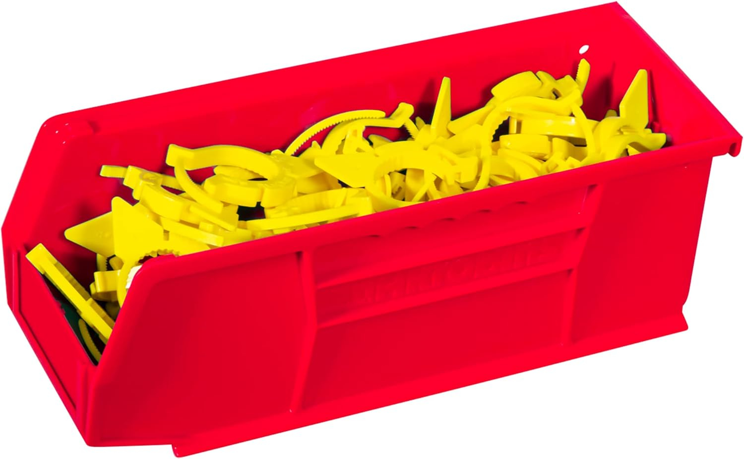 Red Stackable Plastic Storage Bin with Hopper Front