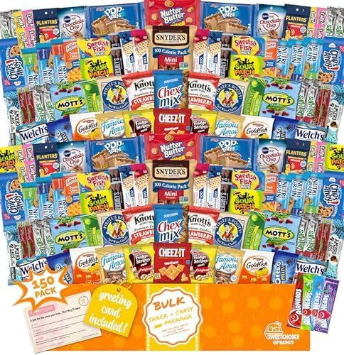 Care Package (150) Variety Snacks Gift Box Bulk Snacks - College Students, Military, Work or Home - Over 9 Pounds of Snacks! Snack Box Fathers gift basket gifts for men