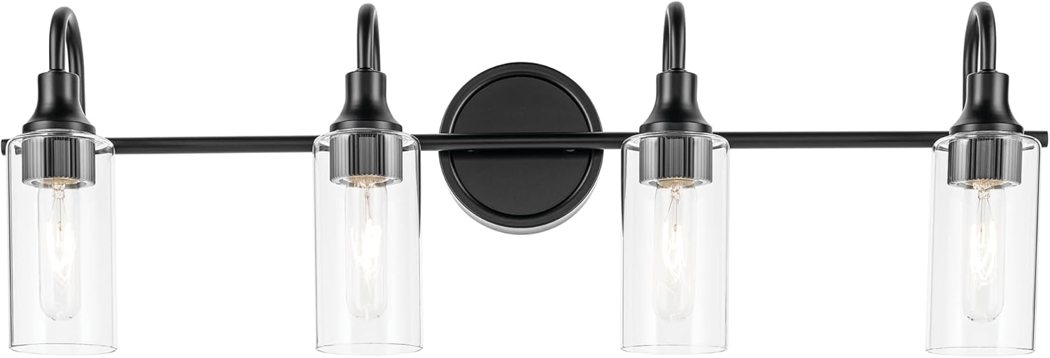 Kichler Kavi 31.5" 4-Light Vanity Light with Clear Glass in Black, Damp Rated, for Bathroom, Powder Room, Over a Mirror, (31.5" W x 10" H), 55212BK
