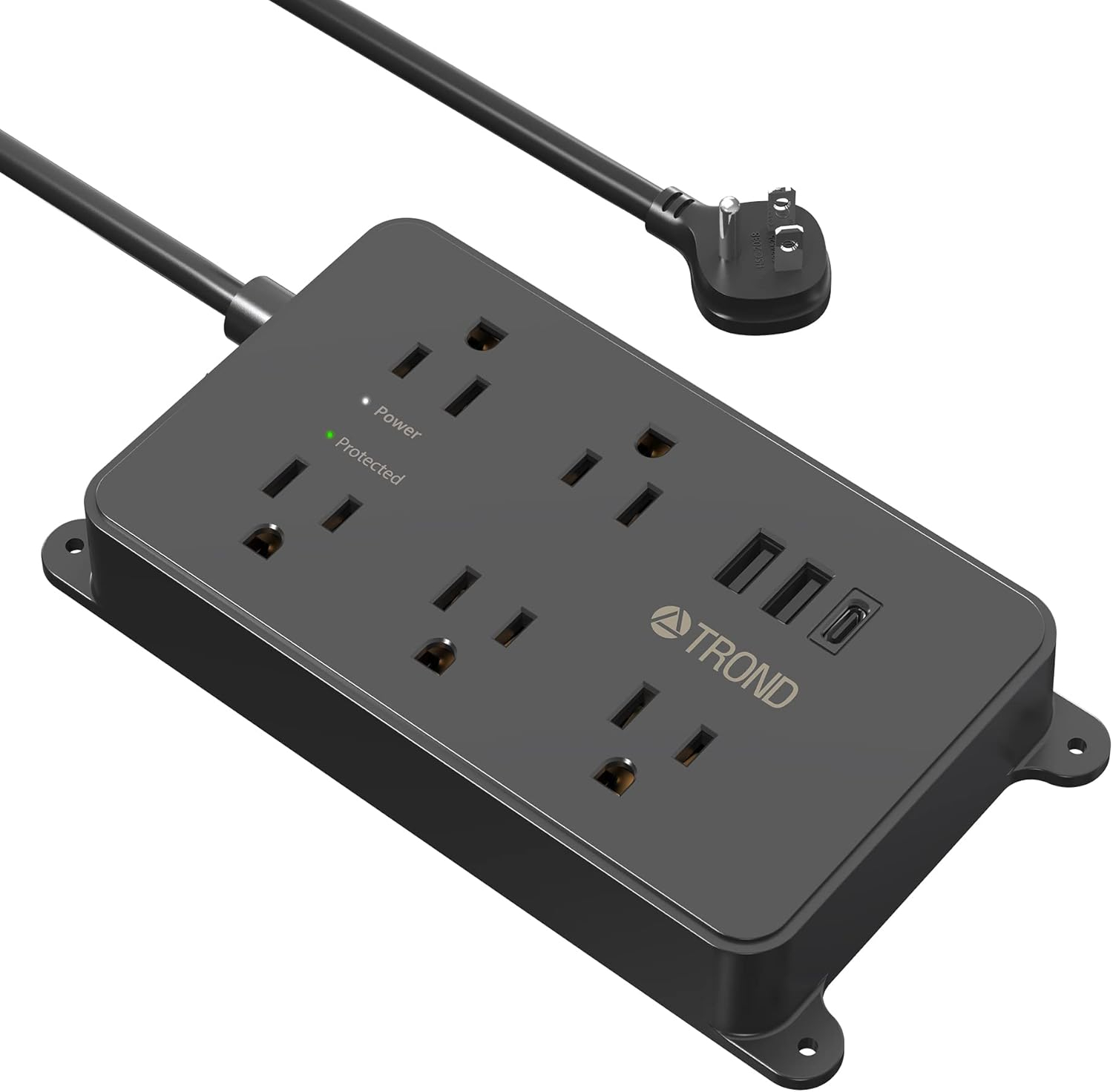 TROND Power Strip Surge Protector, ETL Listed, 15A, 5 Wide Spaced Outlets with 3 USB Ports, Wall Mountable, Flat Plug 5ft Extension Cord, 1300J, 14AWG Heavy Duty, for Office Kitchen, Black