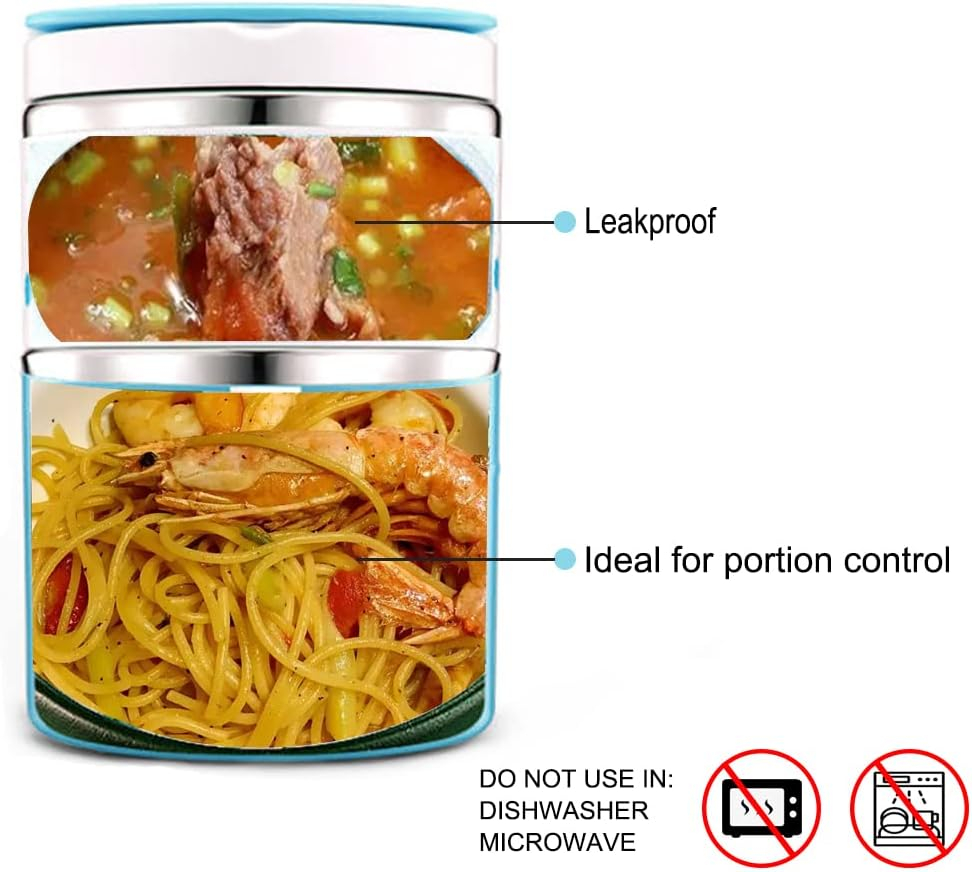 Lille Home Vacuum Insulated Stackable Stainless Steel Thermal Lunch/Snack box, 2-Tier Bento/Food Container with Lunch bag, Smart Diet, Weight Control, 32 Ounces, Blue