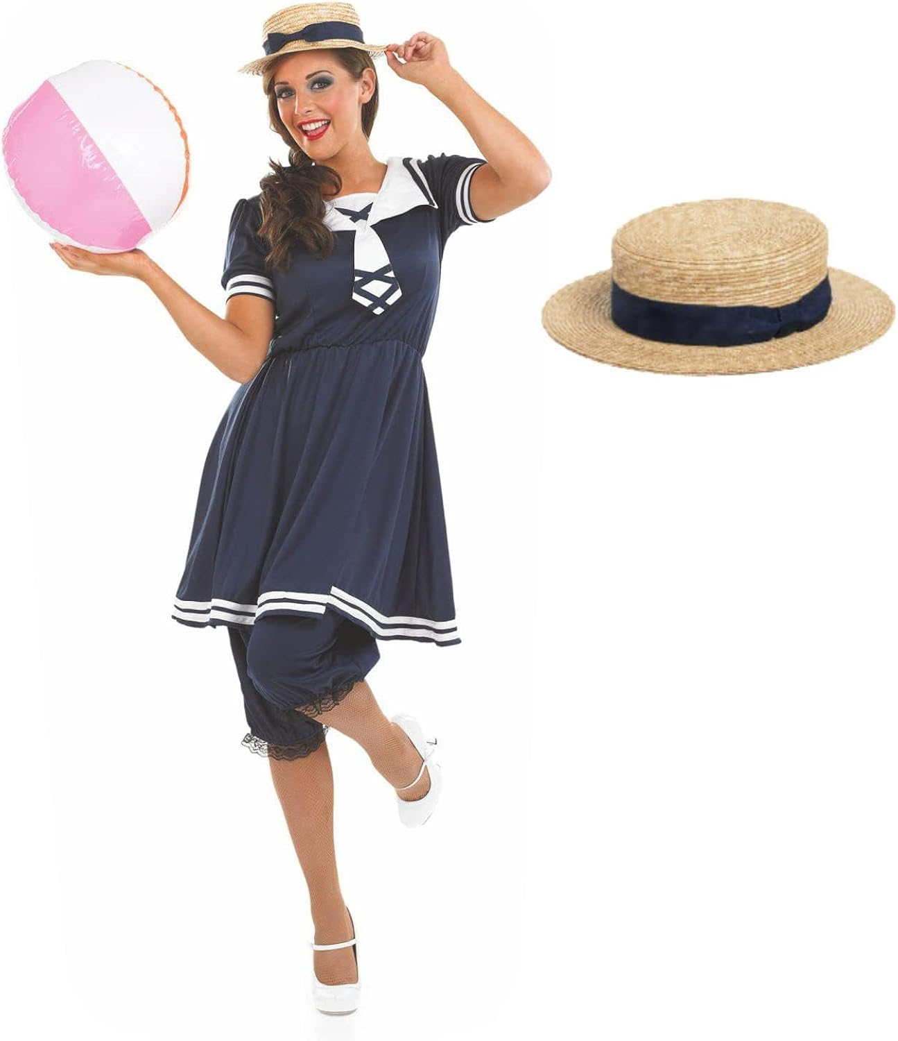 Fun Shack Womens Blue Victorian Bathing Costume Ladies 1920s Swimsuit Fancy Dress Halloween Blue S