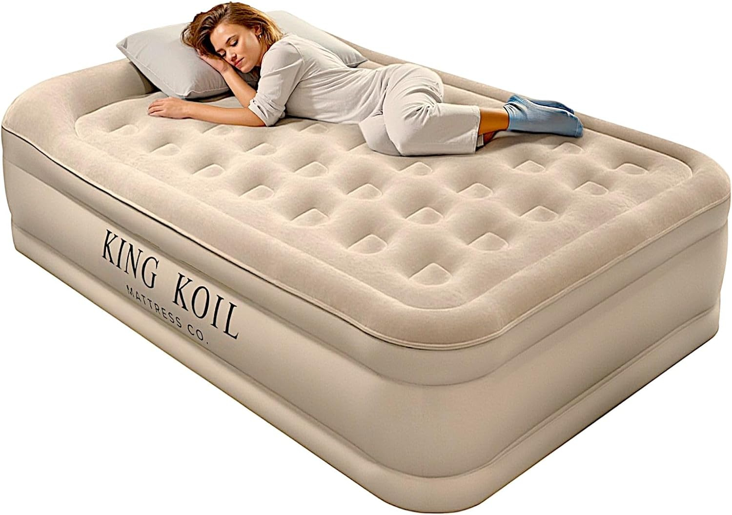 King Koil Luxury Air Mattress 16in Full Size Beige with Built-in Pump for Home, Camping & Guests-Inflatable Airbed Luxury Double High Adjustable Blow Up Mattress, Durable - Portable and Waterproof
