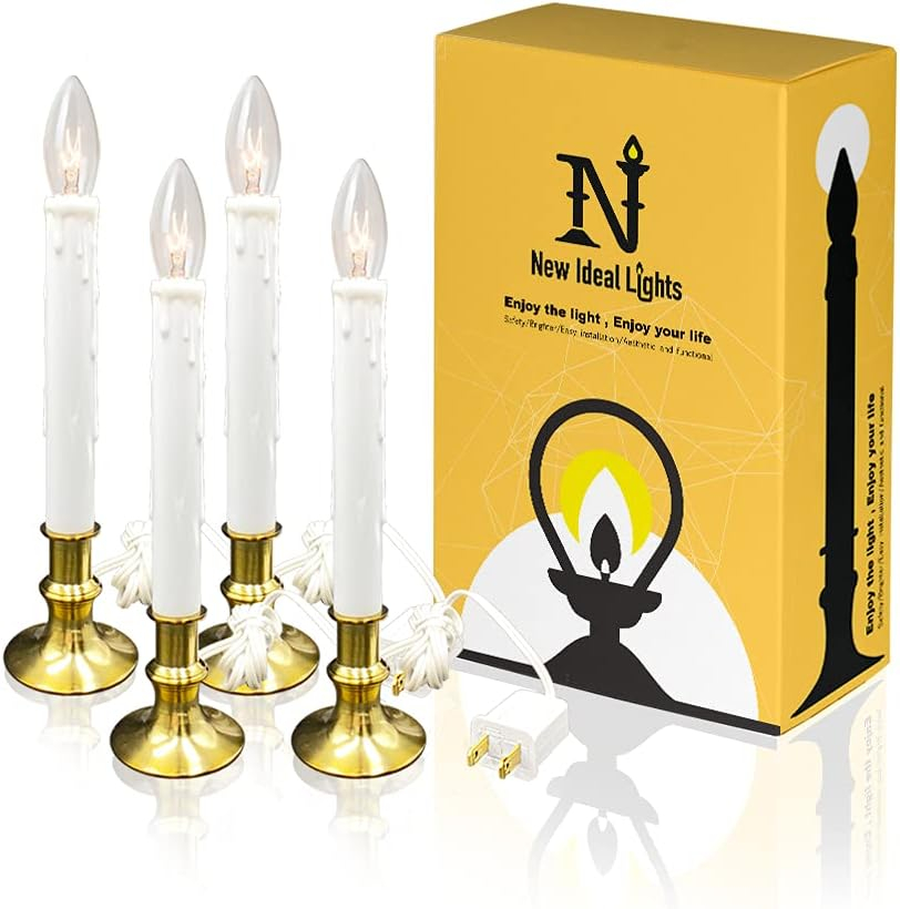 Window Candles with Timer – Electric LED Christmas Candles for Windows, Brass Base with Extra Weight, UL Listed (Set of 4) + 2 Replacement Bulbs