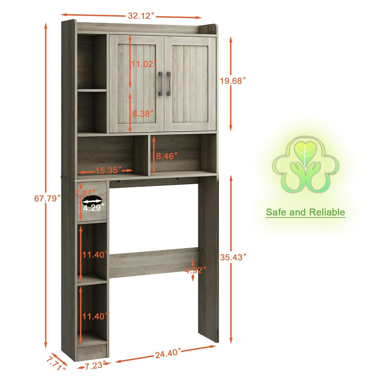 Farmhouse Storage Cabinet Over Toilet with 2 Barn Doors & Toilet Paper Holder Stand, Space-Saving Bathroom Rack