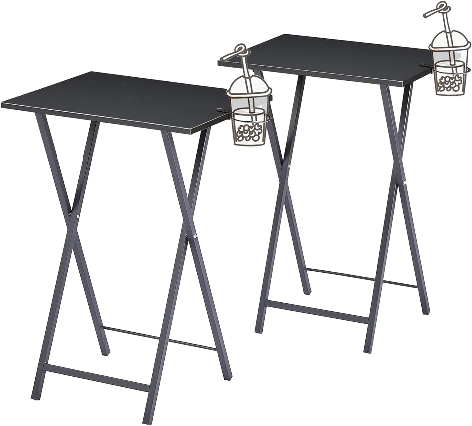 VECELO Folding TV Tray for Eating Set of 2, Portable Dinner/Snack Table with Cup Holder for Couch, Living Room and Small Space, Matte Black