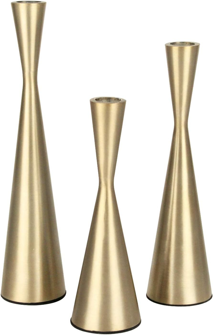 Vixdonos Brass Gold Taper Candle Holders Metal Candlestick Holders Set of 3 Table Mantel Decorative Candle Stand for Dinning,Party，Wedding,Home Decor(Brass Gold)