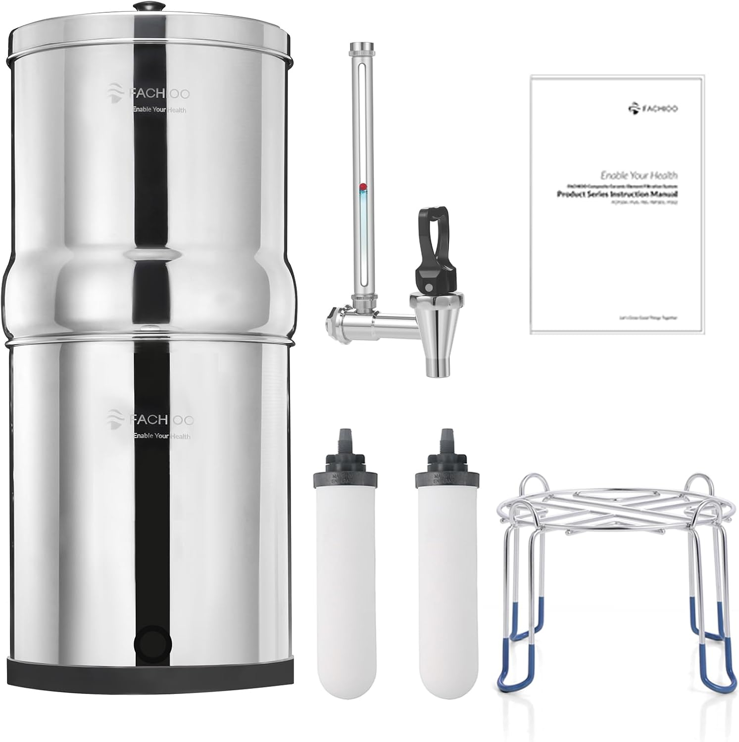 Gravity-fed Water Filter System, 2.25 Gallon Stainless Steel Countertop System with 2 Ceramics Filters Washable Filters, Metal Water Level Spigot and Stand,Reduce up to 99% Chlorine