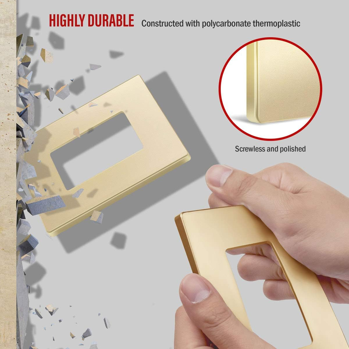 ENERLITES Elite Series Screwless Decorator Wall Plate, Child Safe Outlet Cover, Gloss Finish, Standard Size 1-Gang, Unbreakable Polycarbonate Thermoplastic, Gold