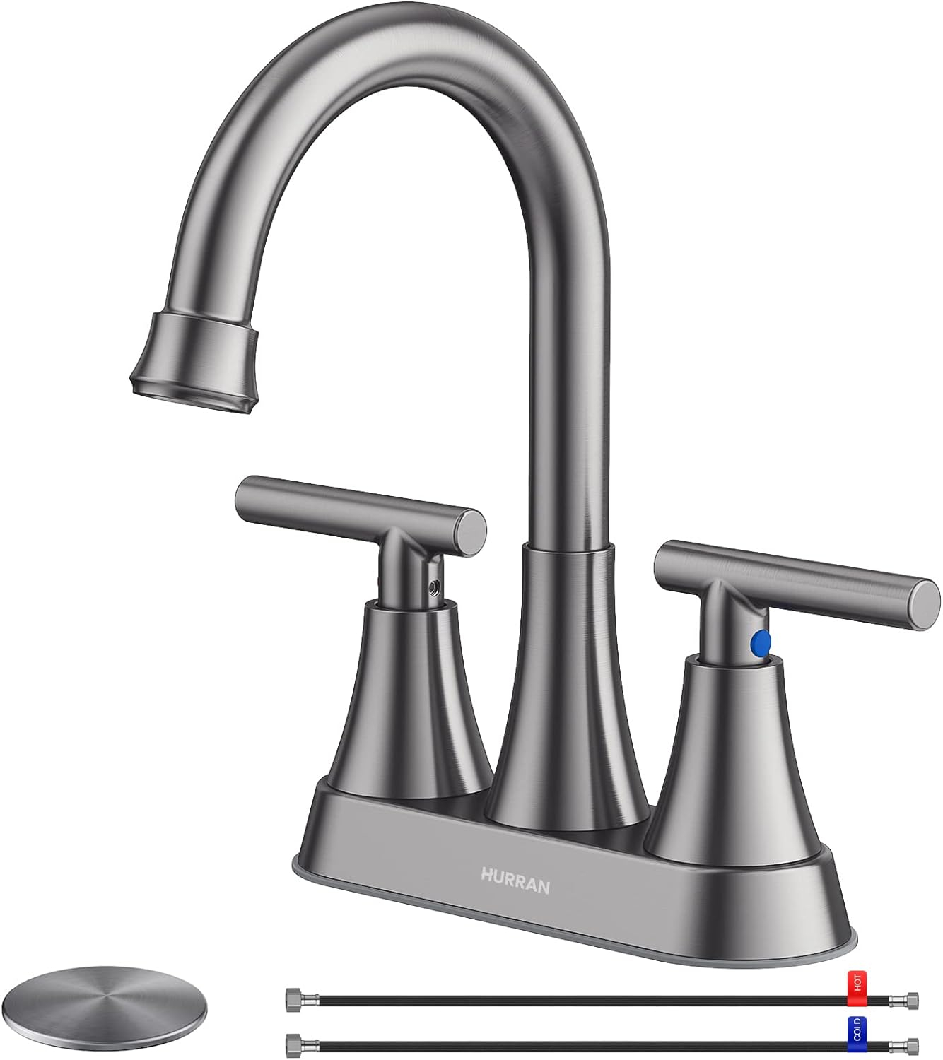 4 Inch Bathroom Faucets for Sink 3 Hole, Faucet for Bathroom Sink with Pop-up Drain & Supply Hoses, 2-Handle 360 Swivel Spout Stainless Steel Lead-Free, Centerset Faucet for Vanity Lavatory