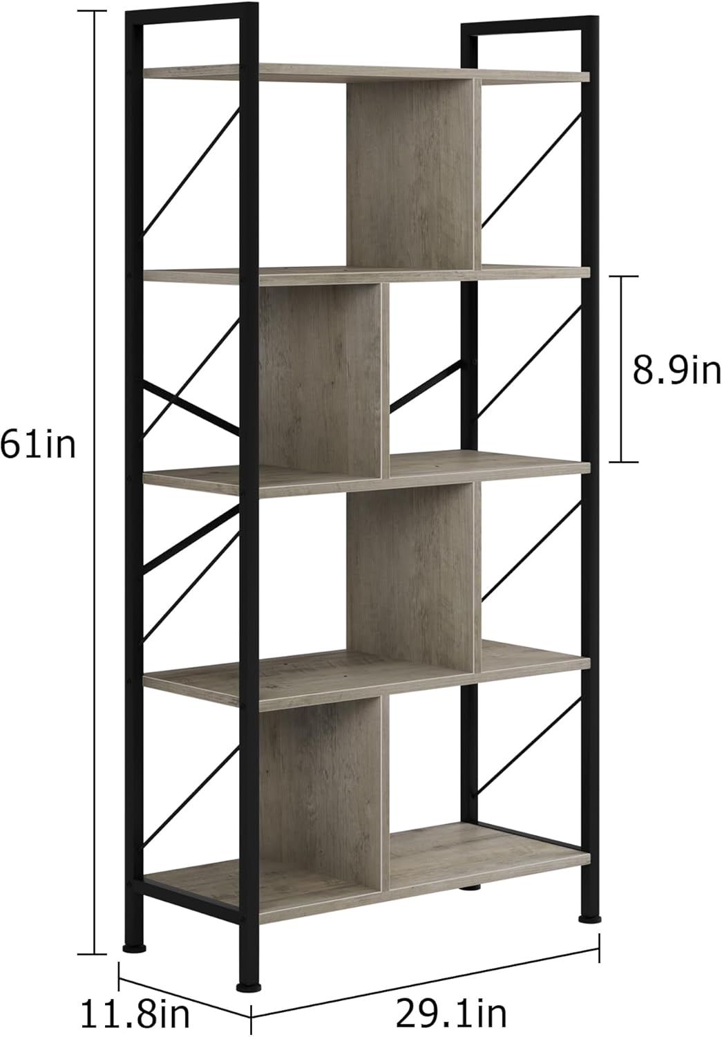 Amyove 5 Tier Bookshelf with Storage, 61 Inch Tall Industrial Book Shelf with Open Display Bookshelves, 5 Shelf Bookcase with Metal Frame for Living Room, Bedroom and Home Grey