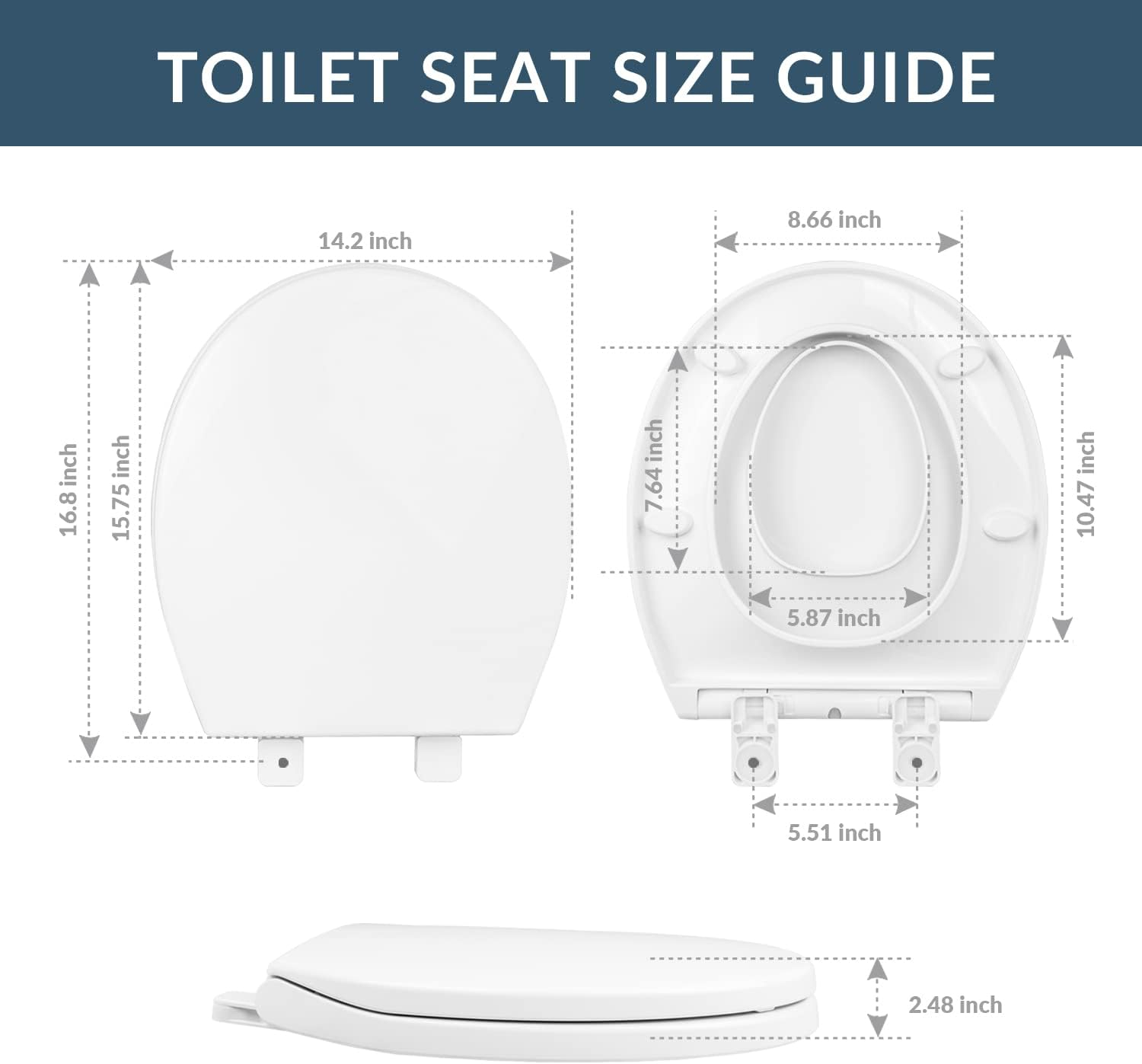 Round Soft Close Toilet Seat, 17-Inch Quiet Slow Close Round Toilet Lid, Easy Installation & Comfortable Ergonomic Design, Durable Plastic, White