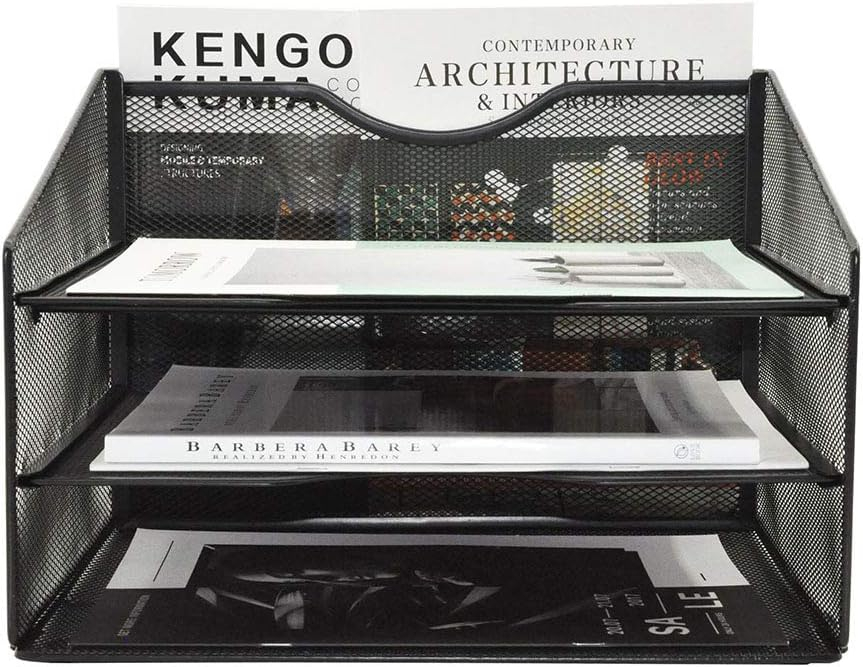 EASEPRES Mesh Desktop File Organizer, Document Mail Desk Folder Holder with 3 Paper Letter Tray and 1 Vertical Upright Compartment for Office Supplies, Desk Accessories & Workspace, Black