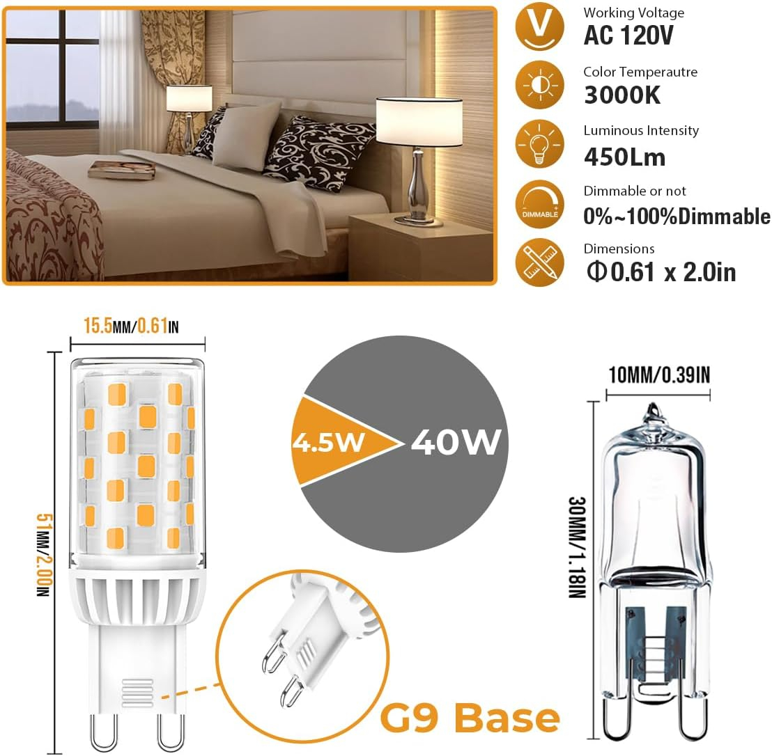 G9 LED Bulb Dimmable 4W, 40 Watt T4 G9 Halogen Equivalent, 3000K Soft Warm White, 120V Flicker Free, LED Bulbs Bi Pin Base Chandelier Lighting 450LM, Energer Saving LED Lighting (5 Pack)