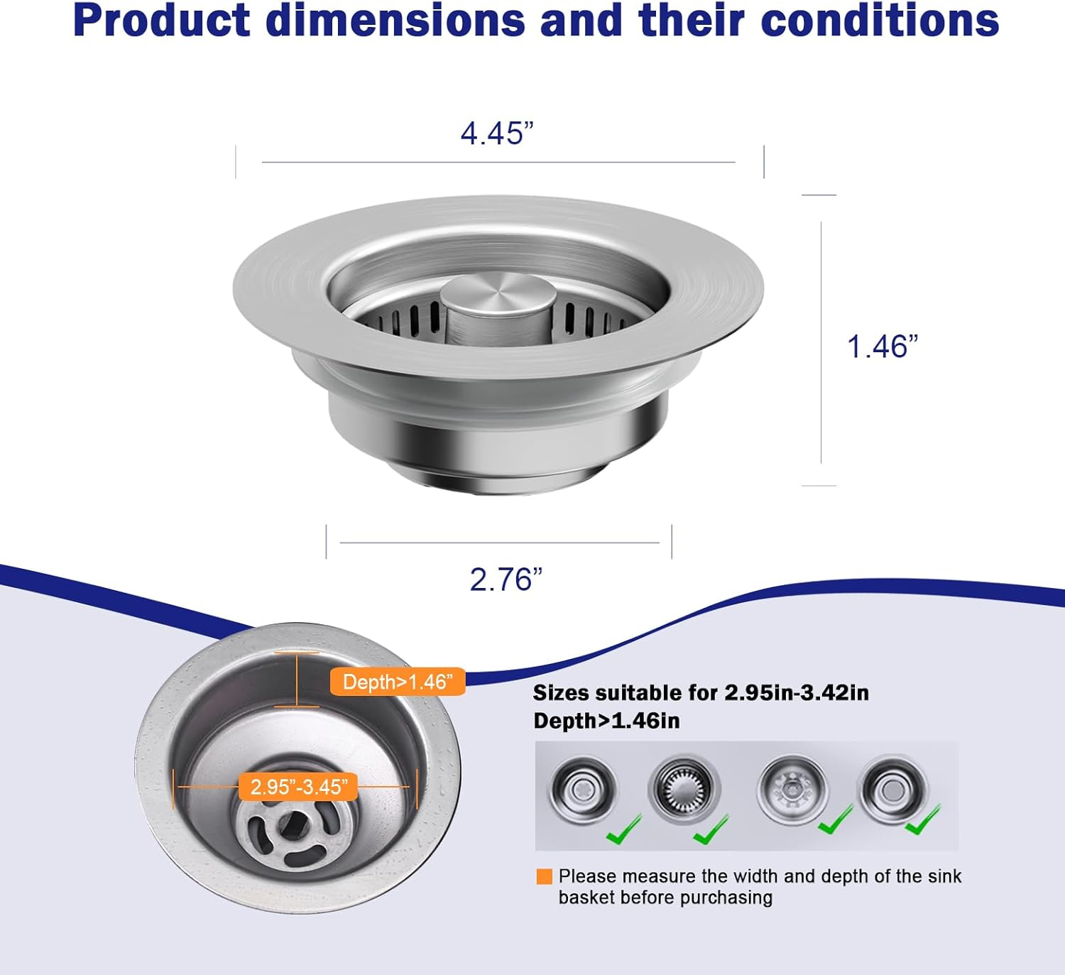 2PCS Upgraded 3 in 1 Kitchen Sink Drain Strainer,Anti-Clogging Sink Food Catcher Basket, Stainless Steel Pop-Up Kitchen Sink Stopper for US Standard 3-1/2 inch Kitchen Sink (Silver-2Pack)