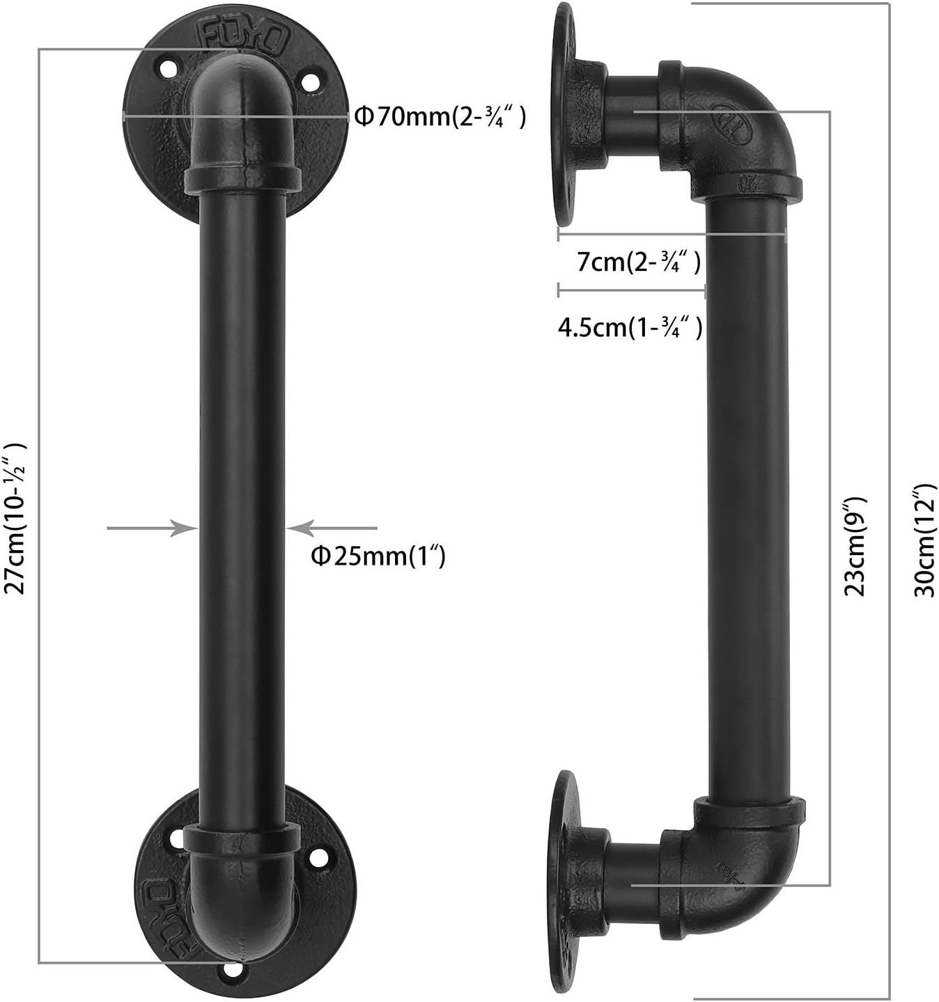 FOYO Set of 2 Industrial Pipe Door Pull Handle, Grab Bar, Towel Bar, Antique Rustic Cast Iron Handrail - Matte Black, 12 Inch