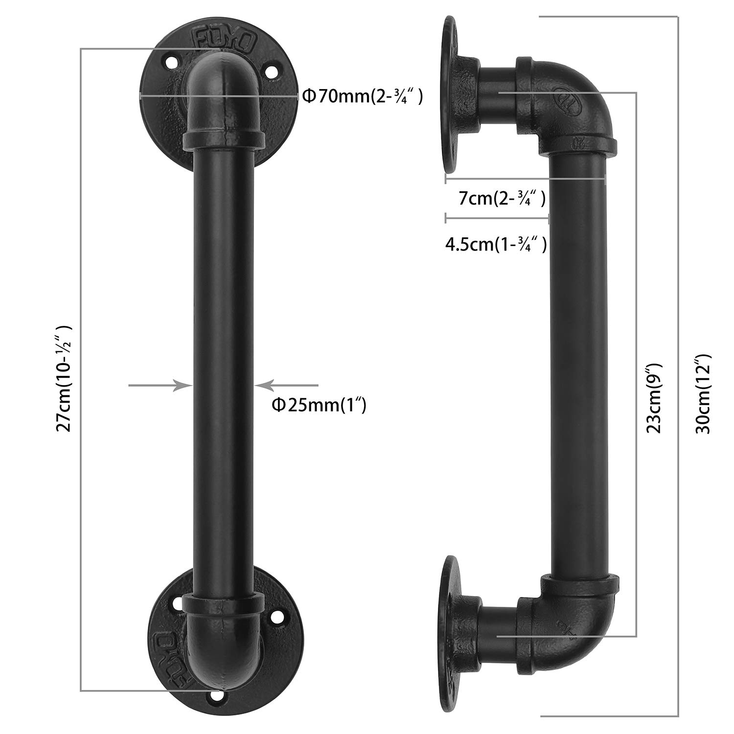 FOYO Set of 2 Industrial Pipe Door Pull Handle, Grab Bar, Towel Bar, Antique Rustic Cast Iron Handrail - Matte Black, 12 Inch
