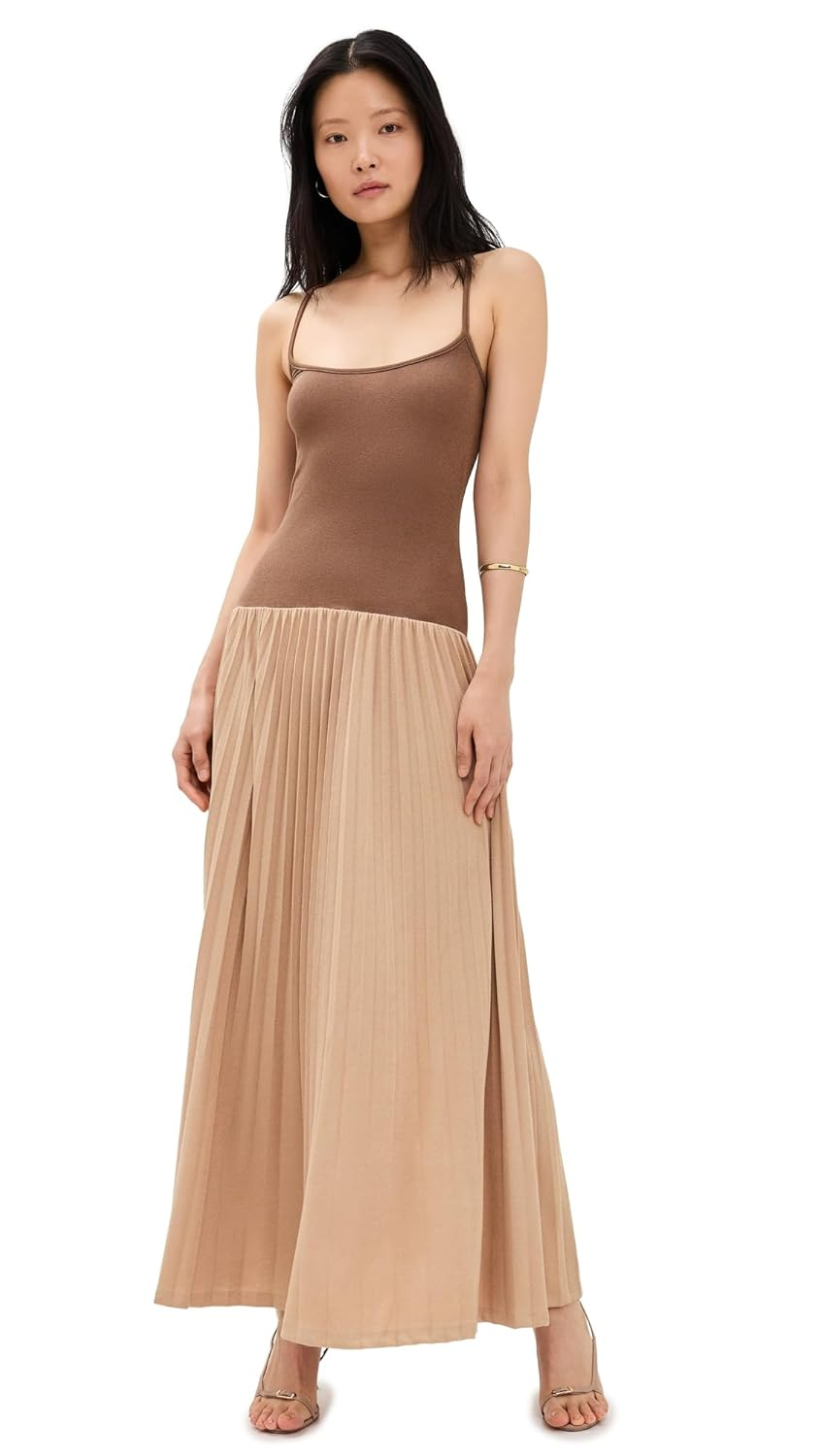 Chocolate Brown Sleeveless Maxi Dress with Pleated Skirt