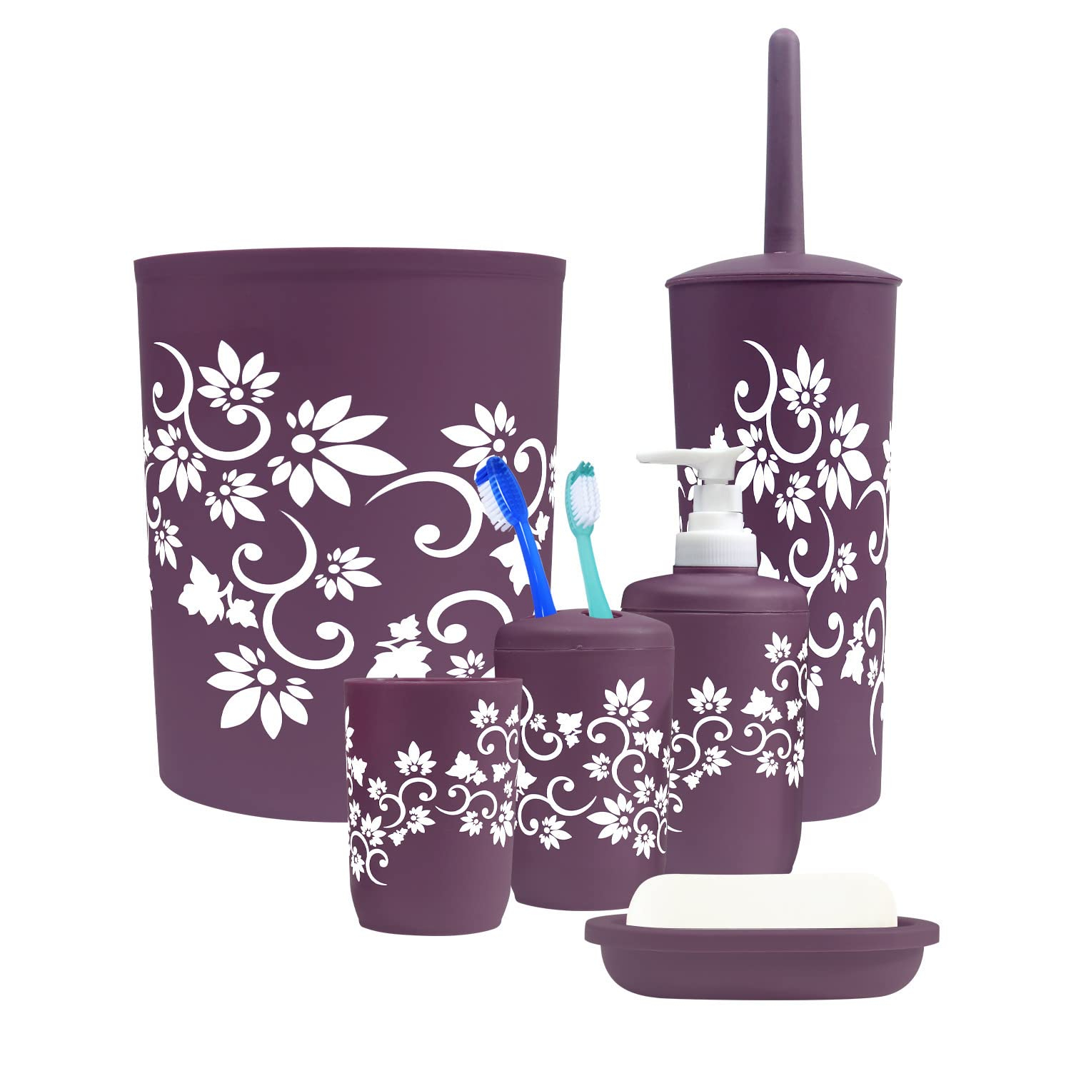 Blue Donuts Bathroom Accessories Set Complete, Toilet Brush and Holder, Trash Can, Toothbrush Holder, Purple, 6 Pieces
