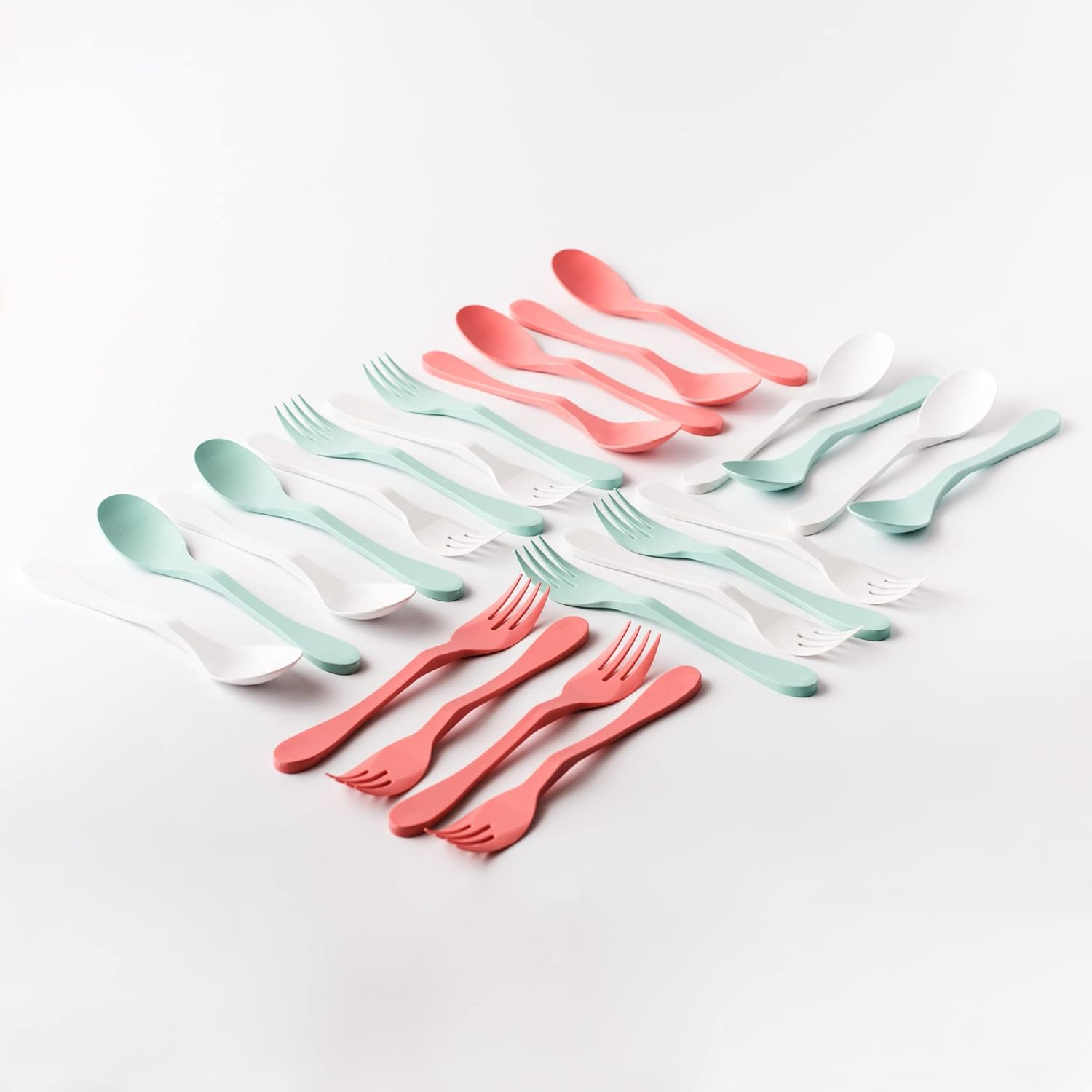 Eco-Friendly Bamboo Fiber Reusable Flatware Set in Mint, Coral, White