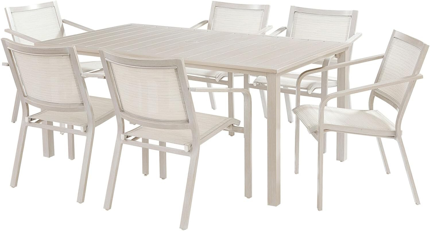 Hanover Morrison 7-Piece Outdoor Costal Dining Set with 6 Aluminum Sling Chairs and Slat Top 66" x 38" Table, Rust-Resistant - MORDN7PC-WHT