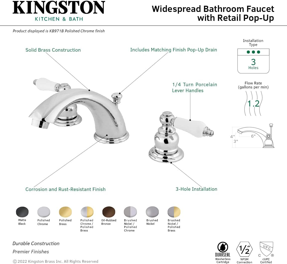 Kingston Brass KB972B Widespread Bathroom Faucet, Polished Brass