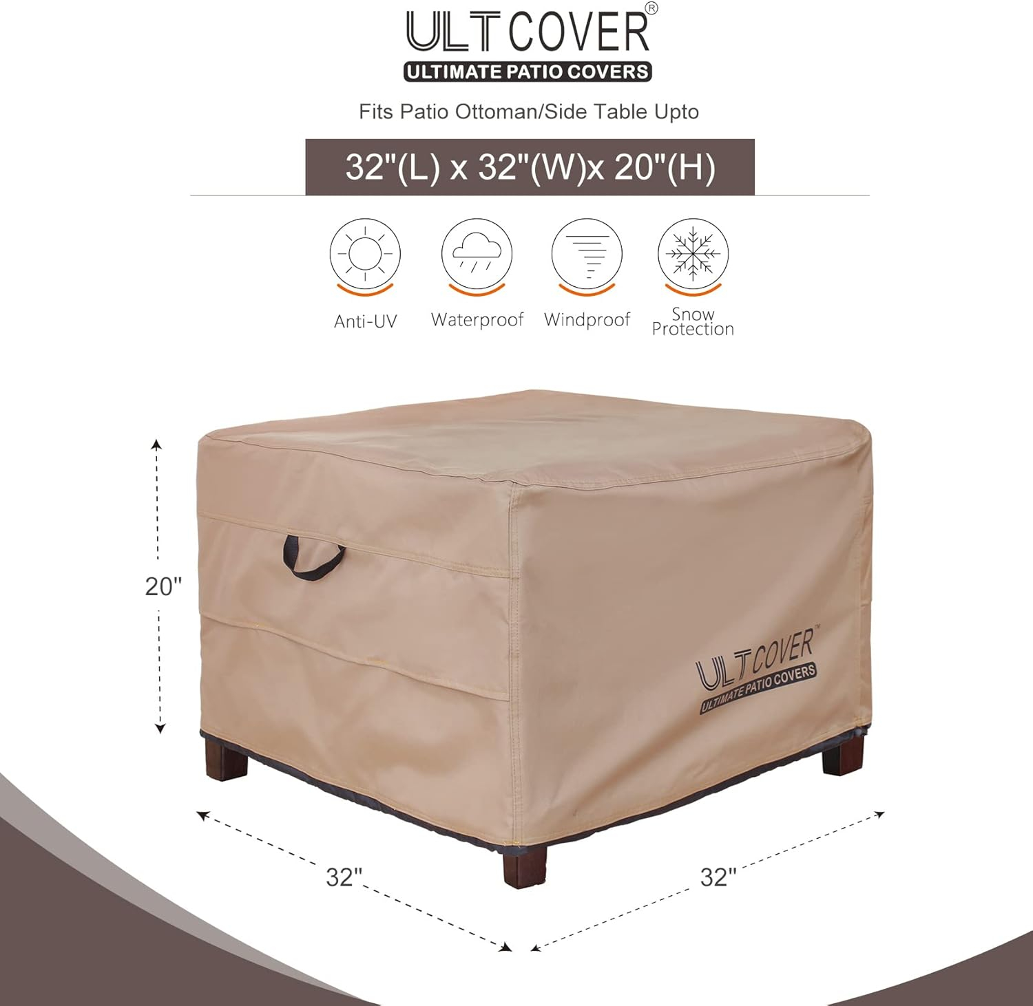 ULTCOVER Waterproof Patio Ottoman Cover Square Outdoor Side Table Furniture Covers Size 32L x 32W x 20H inch