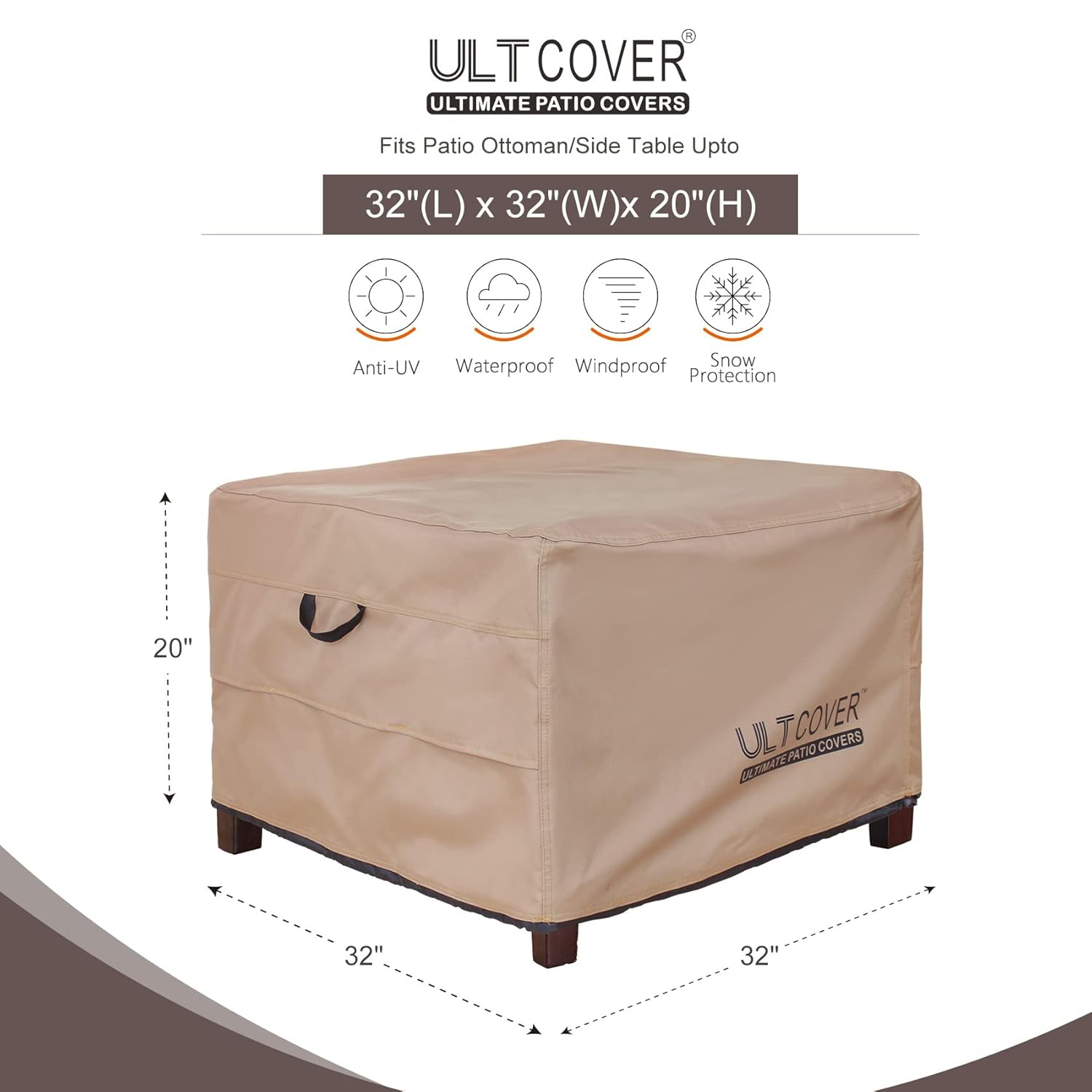 ULTCOVER Waterproof Patio Ottoman Cover Square Outdoor Side Table Furniture Covers Size 32L x 32W x 20H inch