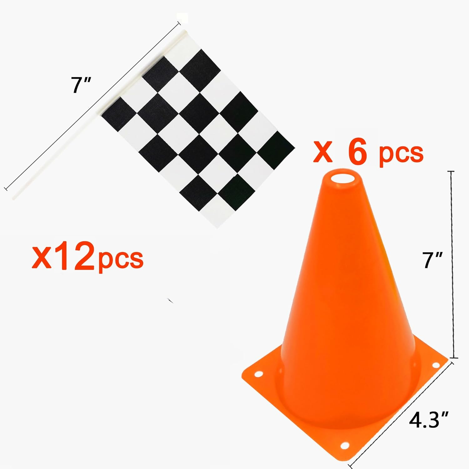 6 Pack 7inch Orange Race Cones with Holes on Top,12 Pack Checkered Flags,Racing Car Birthday Party Decorations,Two Fast Centerpieces,Race Cars Themed Party Supplies