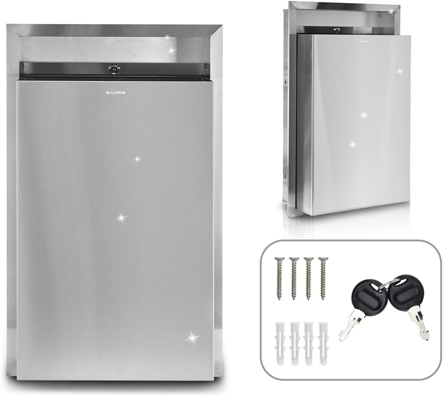 Alpine Recessed Waste Receptacle - Large 12 Gallon Brushed Finish Stainless Steel Mounted in Wall Trash Can for Commercial Bathrooms in High Traffic Areas Like Restaurant, Airport, Hotel, School