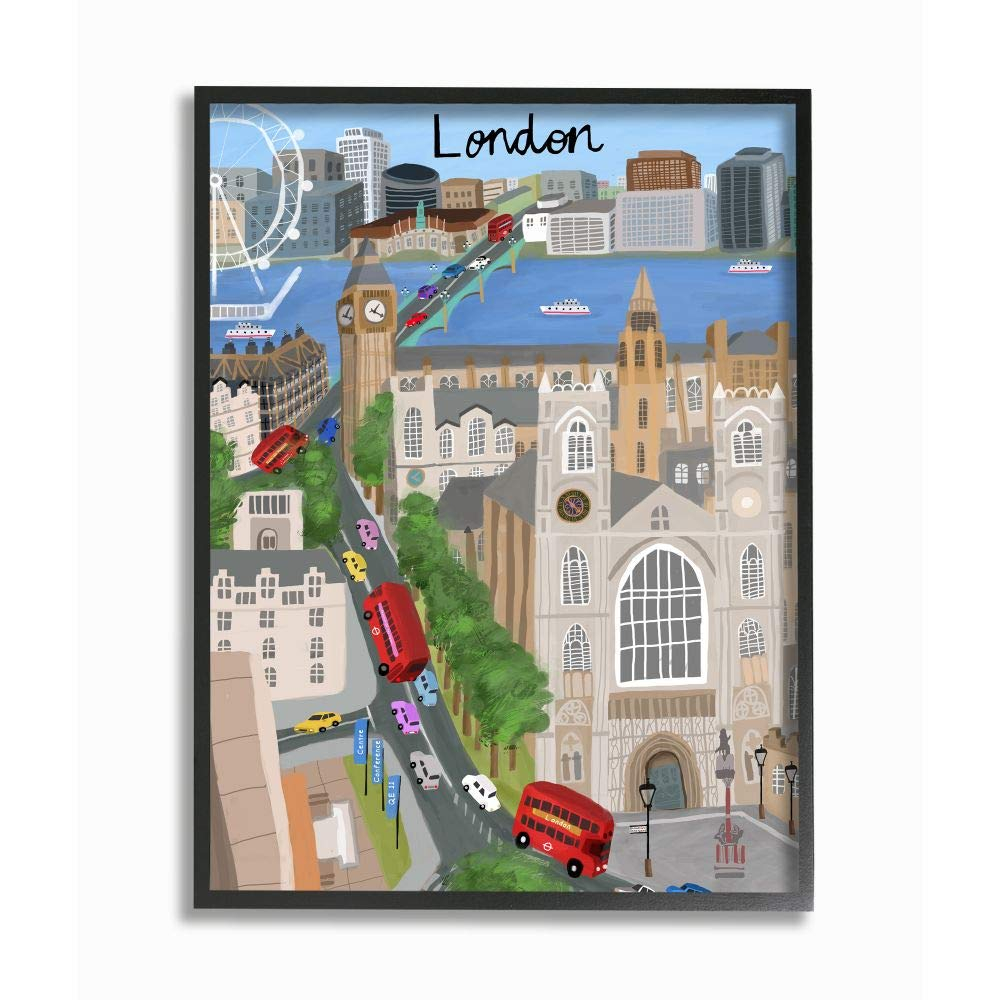 Stupell Industries European London Landmarks British City Skyline Architecture Framed Wall Art Design by Carla Daly, 11" x 14", Black Framed