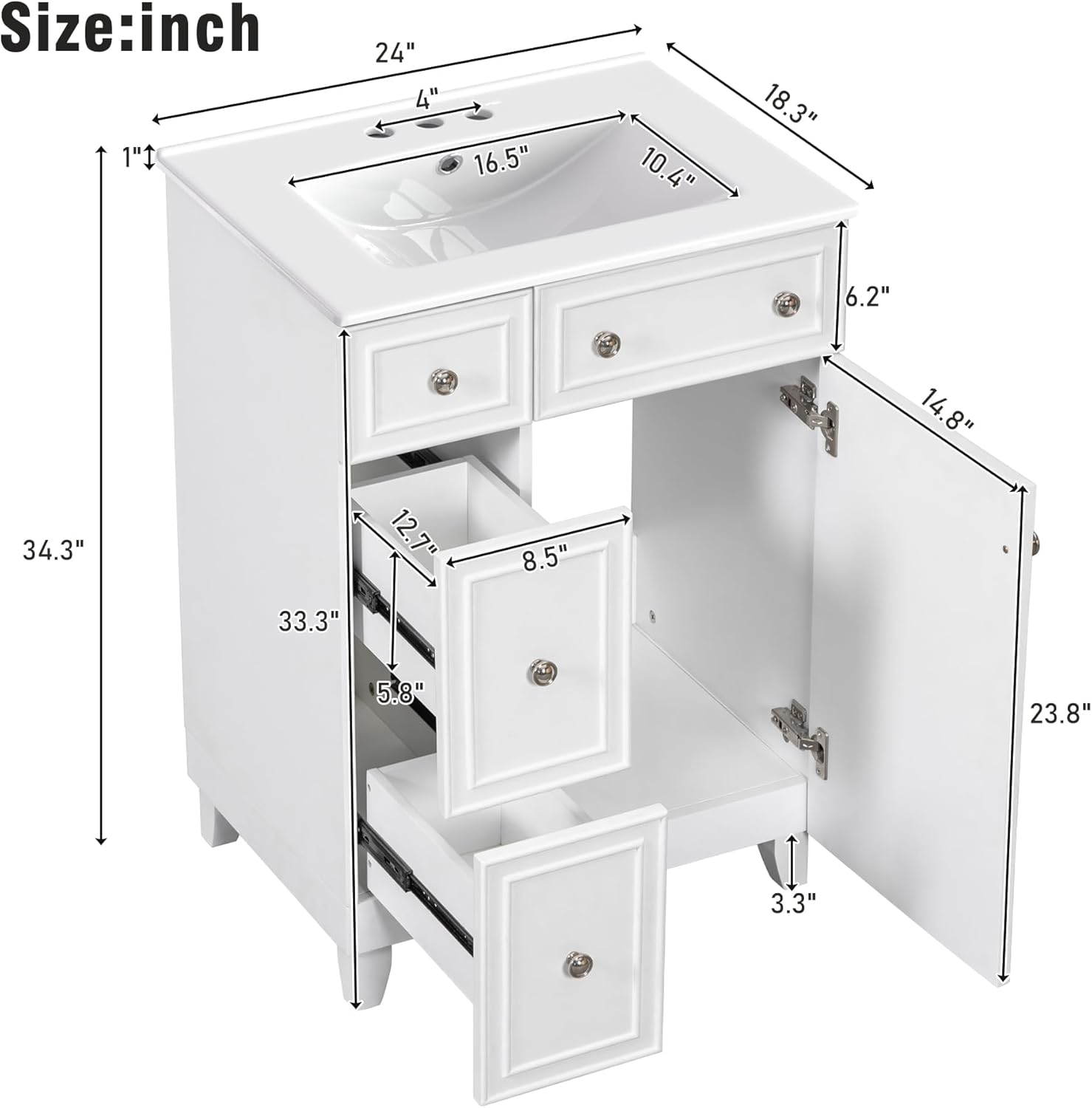 Harper & Bright Designs 24" Bathroom Vanity with Sink, Free Standing Single Basin Vanity Set with Two Drawers and One Door, Modern Wooden Bathroom Cabinet with Ceramic Basin for Bathroom, White