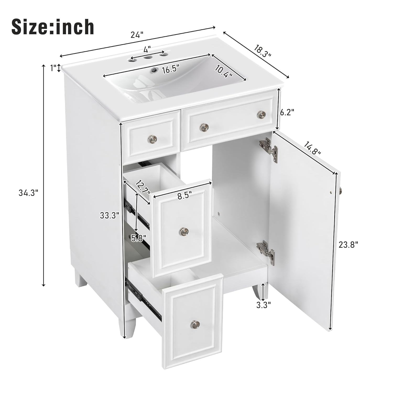 Harper & Bright Designs 24" Bathroom Vanity with Sink, Free Standing Single Basin Vanity Set with Two Drawers and One Door, Modern Wooden Bathroom Cabinet with Ceramic Basin for Bathroom, White