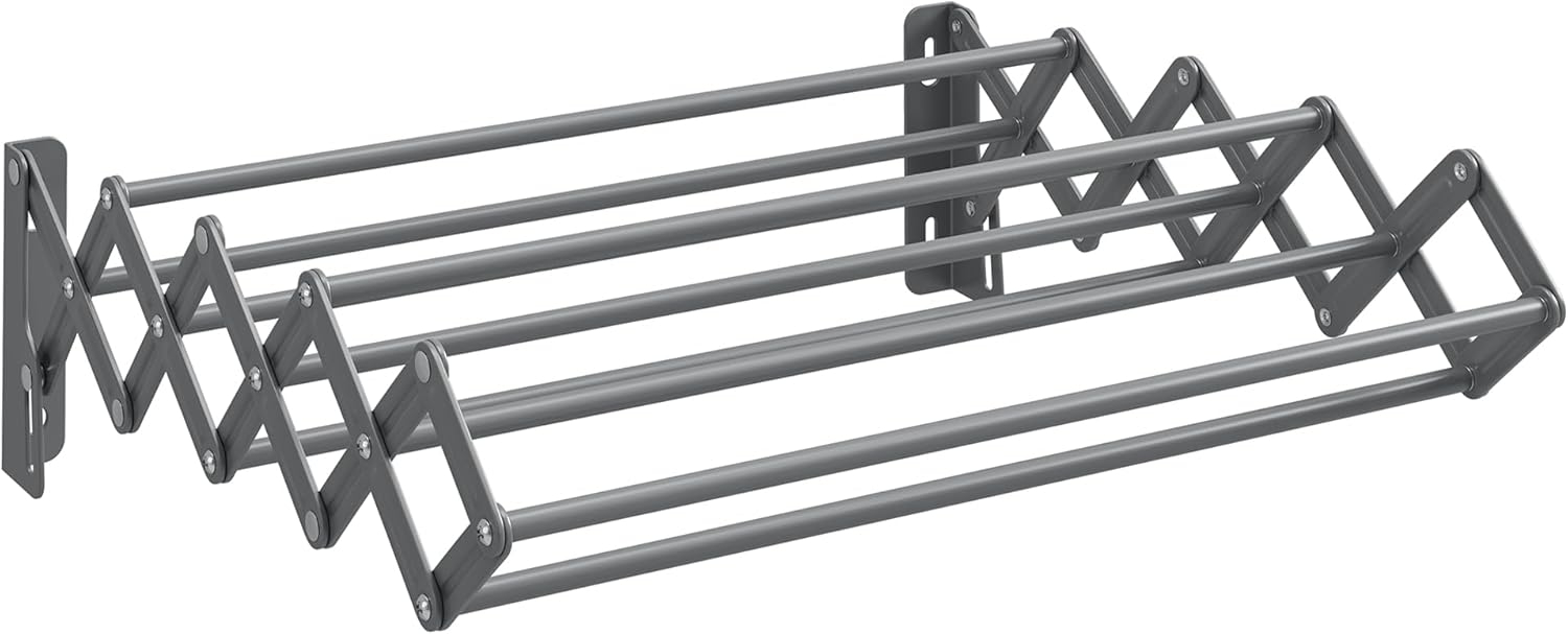 SONGMICS Clothes Drying Rack, Wall-Mounted Drying Rack Clothing, Small Accordion Laundry Rack, 9 Staggered Hanging Rods, Expandable and Retractable, Cloud White ULLR802W01