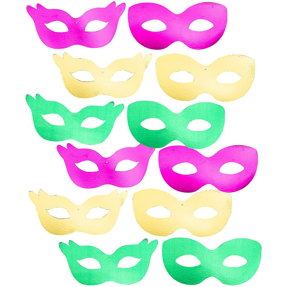 Assorted Metallic Foil Mardi Gras Mask Wall Cutouts - 12 Pieces