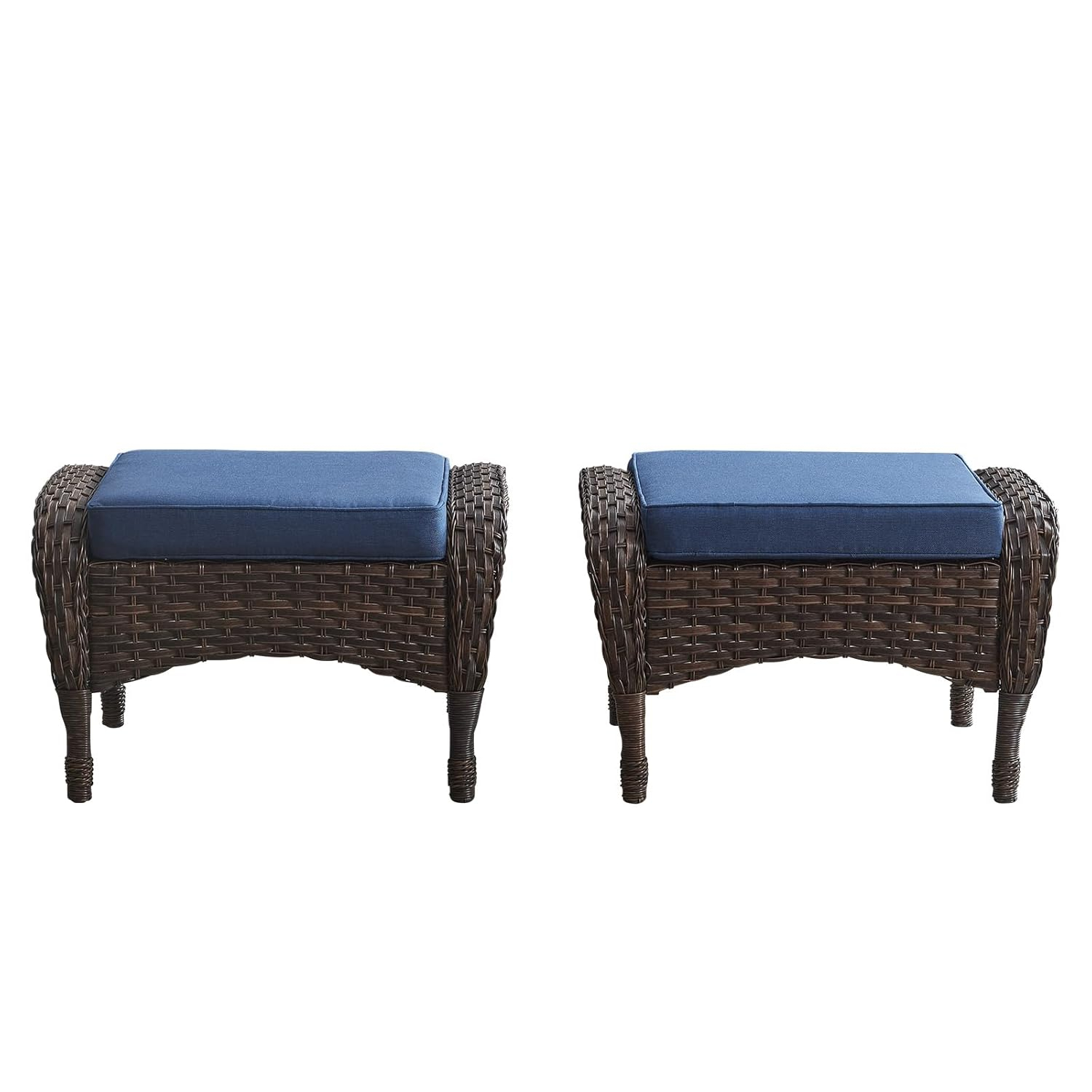Flat Armrest Series Brown Wicker Outdoor Patio Ottoman with CushionGuard Blue Cushions (2-Pack)
