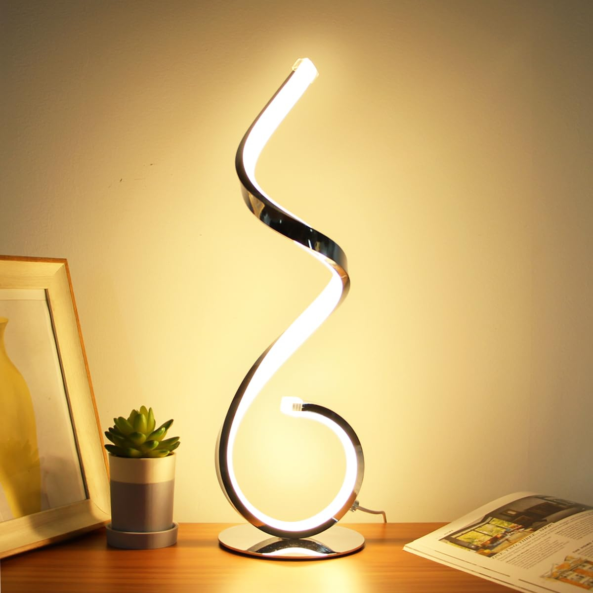 Modern Spiral LED Table Lamp, Stepless Dimmable Bedside Table Lamps for Bedroom, 10W LED Desk Lamp 3 Color Modes Desk Light Reading Office Lamps for Nightstand, Living Room- Silver