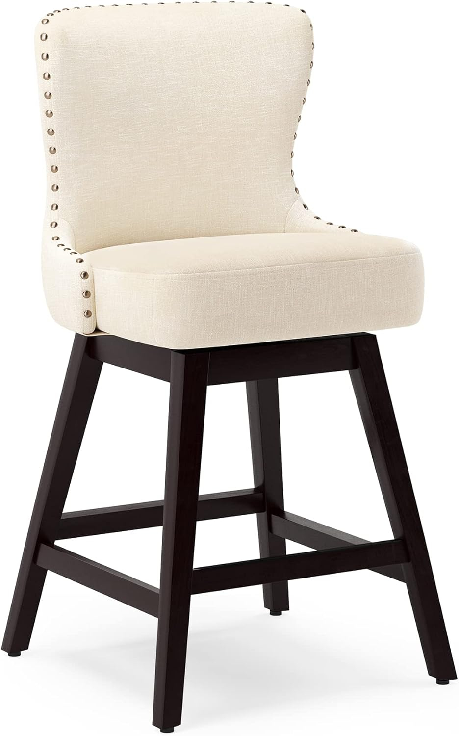 Counter Height Bar Stools, 26" H Swivel Bar Stool with Back, Linen Fabric Counter Stool, Solid Wood Legs, Retro Upholstered Barstools for Kitchen Island, Home Bar, Pub, Beige
