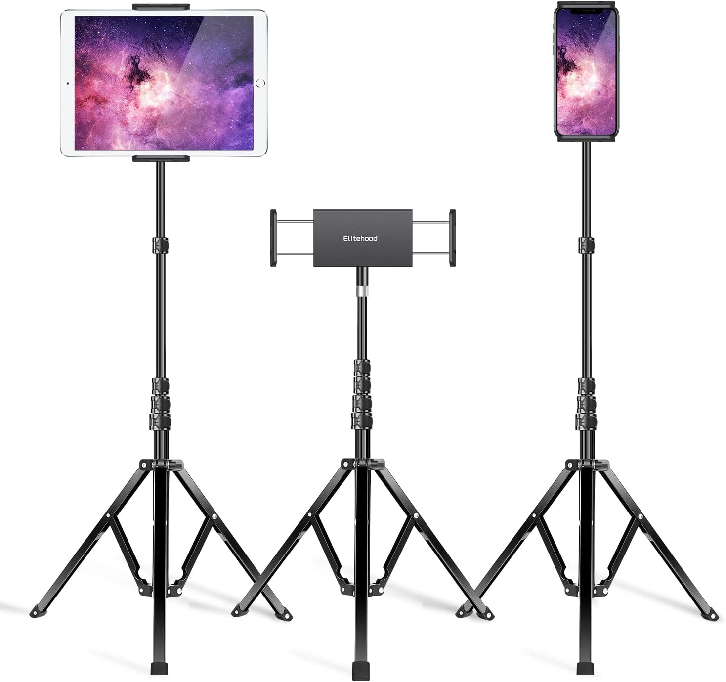 elitehood Aluminum iPad Stand Tripod, 65'' Adjustable Tablet Tripod Holder, 360 Degree Rotating iPad Holder Stand for Floor, Compatible with 4.7-13" Tablets and Phones– Black