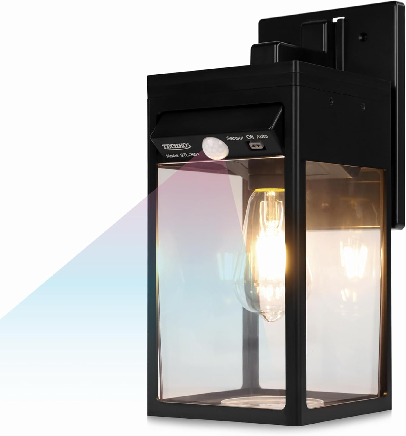 TECHKO Solar Edison Bulb Wall Light Sconce with Motion Sensor - Outdoor Wall Light Fixtures for House, Dusk to Dawn Sensor Porch Lights, Exterior Wall Mount Lights for Garage