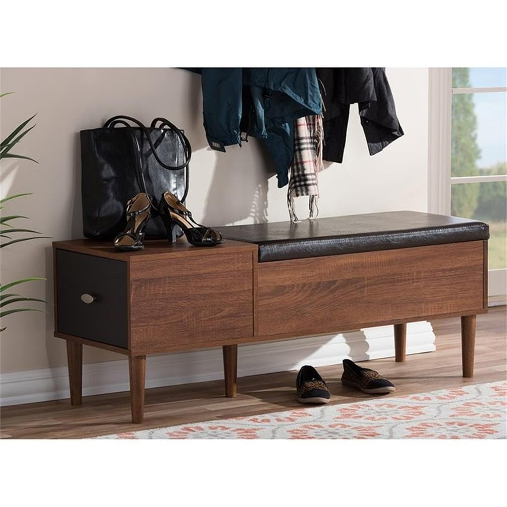 Baxton Studio Merrick Mid-century 1-drawer 2-tone Oak and Dark Brown Wood Entryway Storage Cushioned Bench Shoe Rack