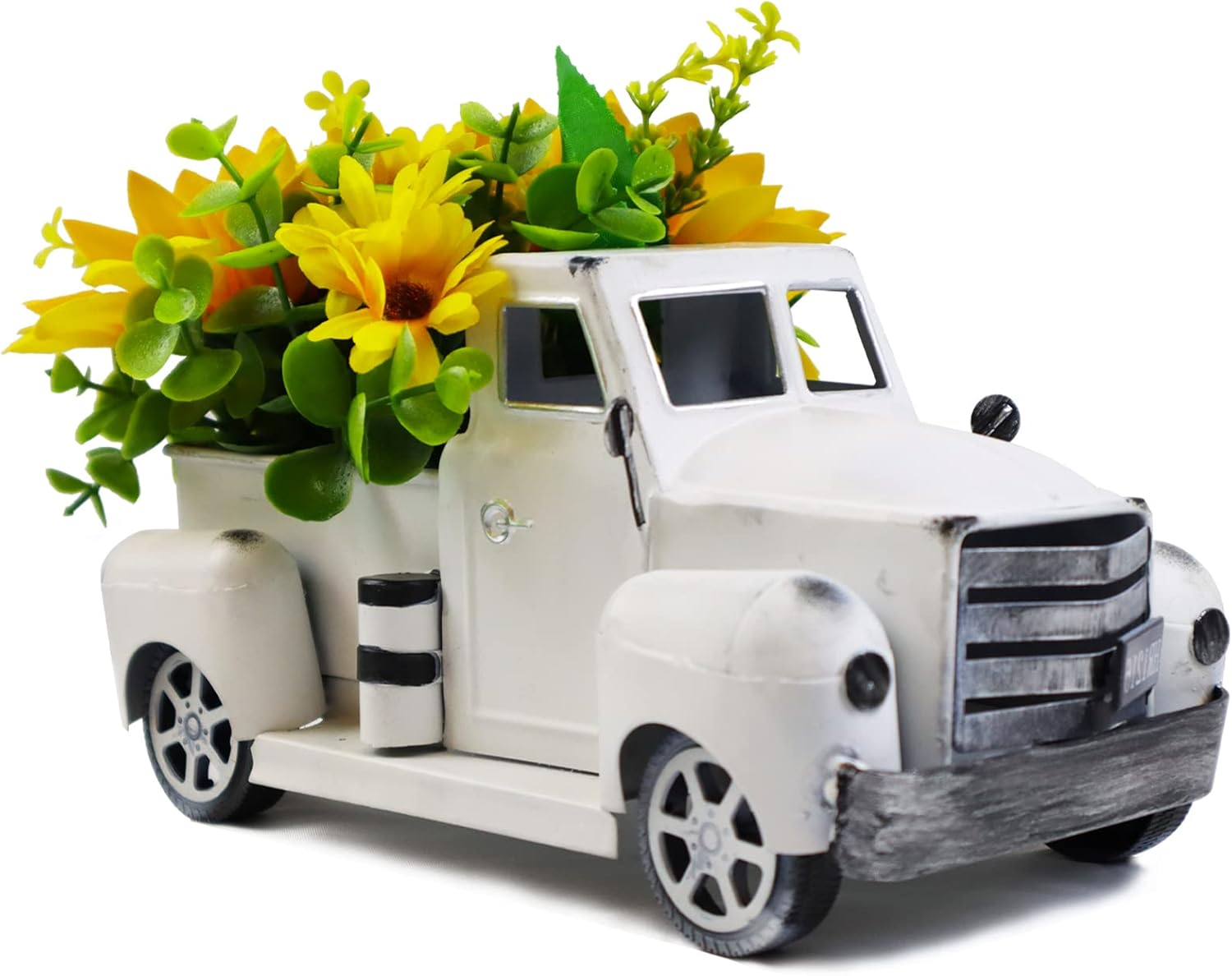 Sunflower Metal Truck with Artificial Flower Vintage Farm Pickup Farmhouse Tabletop Tiered Tray Decor, Rustic Farmhouse Decor for Table Top Decor Home Kitchen(White)