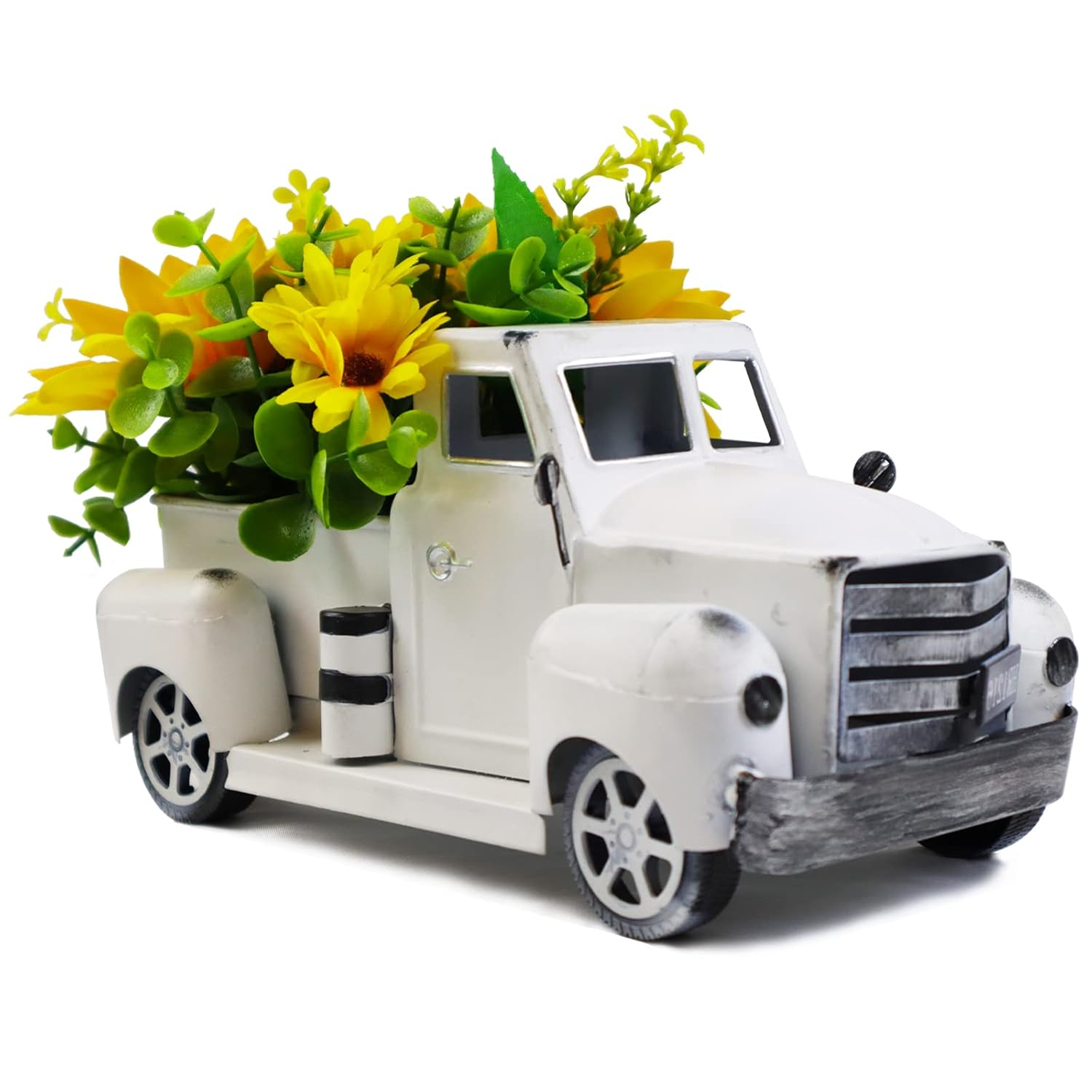 Sunflower Metal Truck with Artificial Flower Vintage Farm Pickup Farmhouse Tabletop Tiered Tray Decor, Rustic Farmhouse Decor for Table Top Decor Home Kitchen(White)
